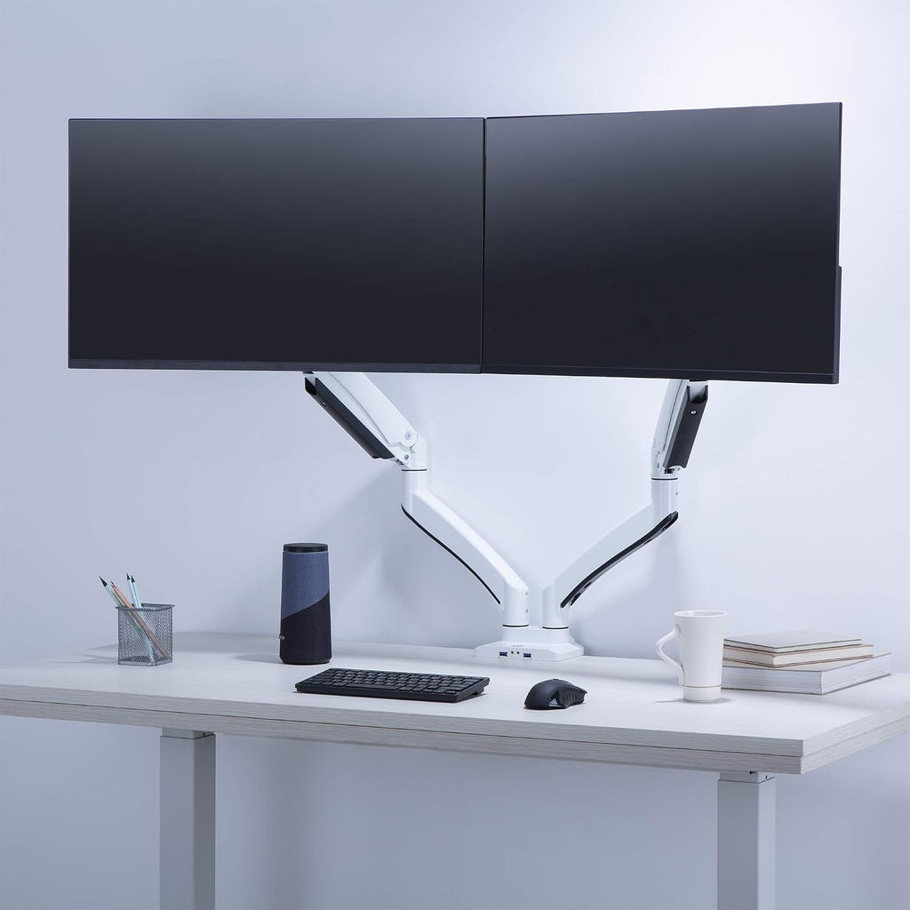 AVLT Dual Monitor Arm Desk Mount for 13'–43' Flat/Curved Screens with USB-A Pass-Through, Full Motion Height Adjustable Swivel Tilt Rotation VESA/C-Clamp/Grommet/Cable Management, White
