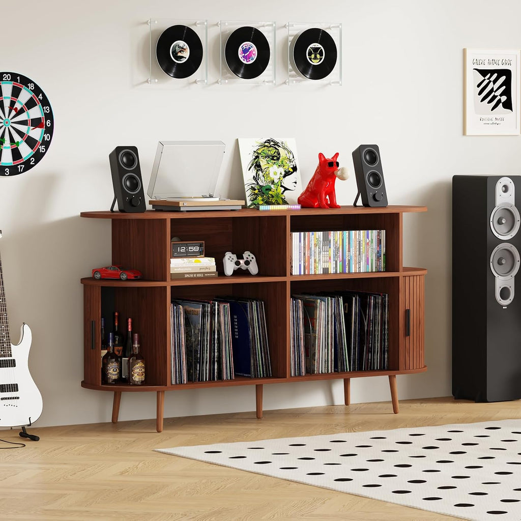 55.1' Wide Record Player Stand with Storage - Vinyl Record Storage Cabinet & Media Console Holds 300+ Records, Mid Century Modern Turntable Stand for Living Room (Walnut, 55.1')