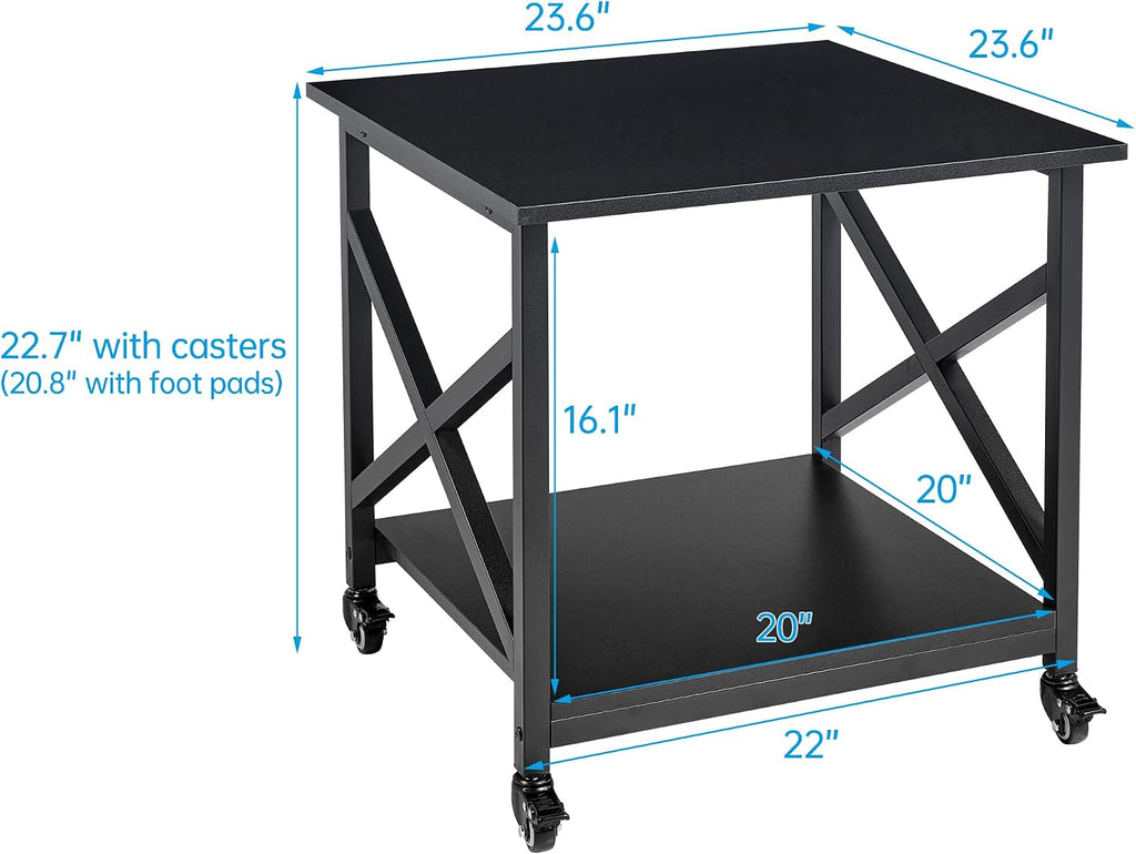 Fannova 2 Tier Large Printer Stand, 23.6 x 23.6 x 22.6 Inches Square Printer Table with Storage Shelf, Rolling Printer Cart with Industrial Wheels for Home Office, Mini Fridge Stand Table - Black