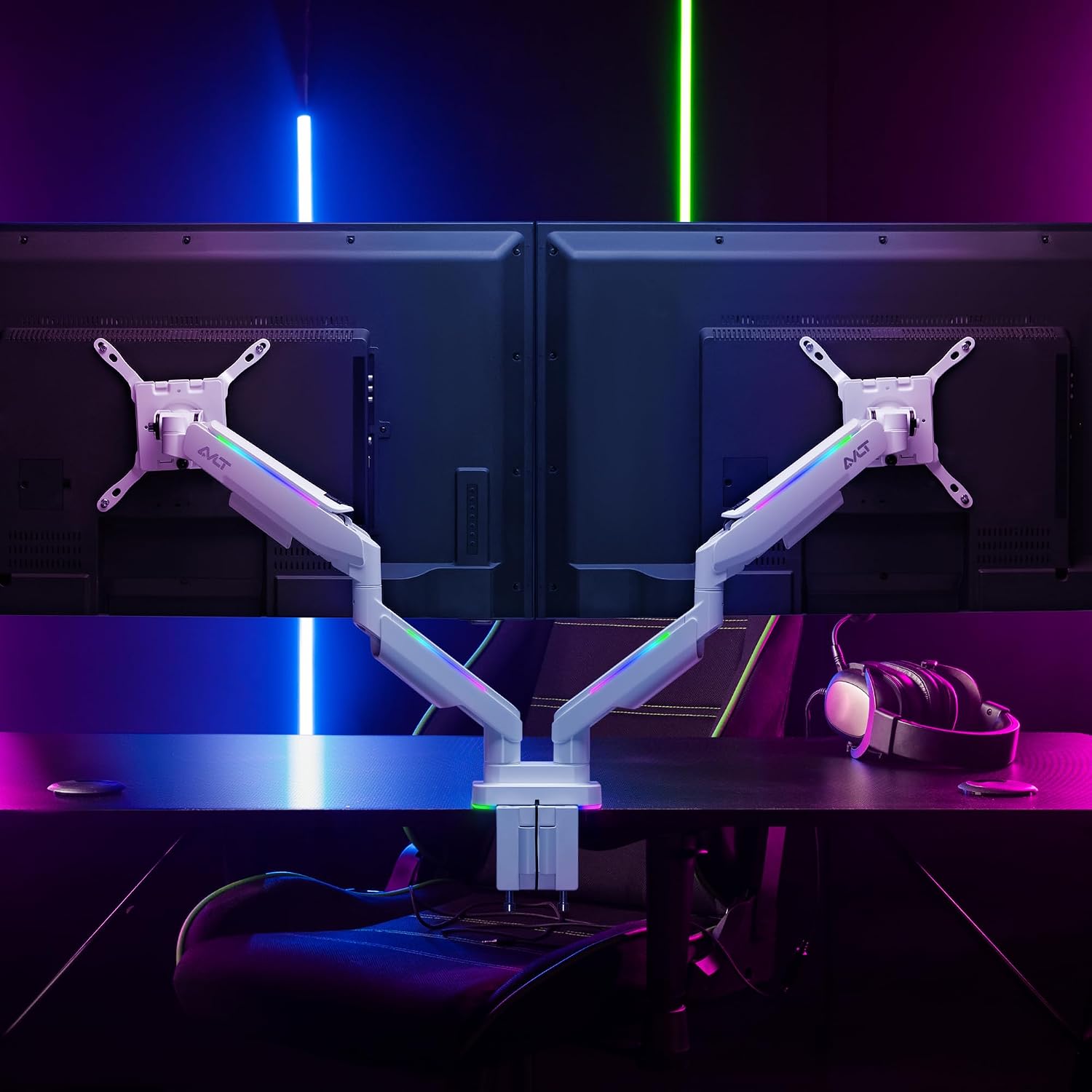 AVLT RGB Lights Dual 17'-43' Gaming Monitor Arm Desk Mount, Fits Two Flat/Curved/Ultrawide Screen up to 44lbs(20kg), Height Swivel Tilt Adjustable Stand – White