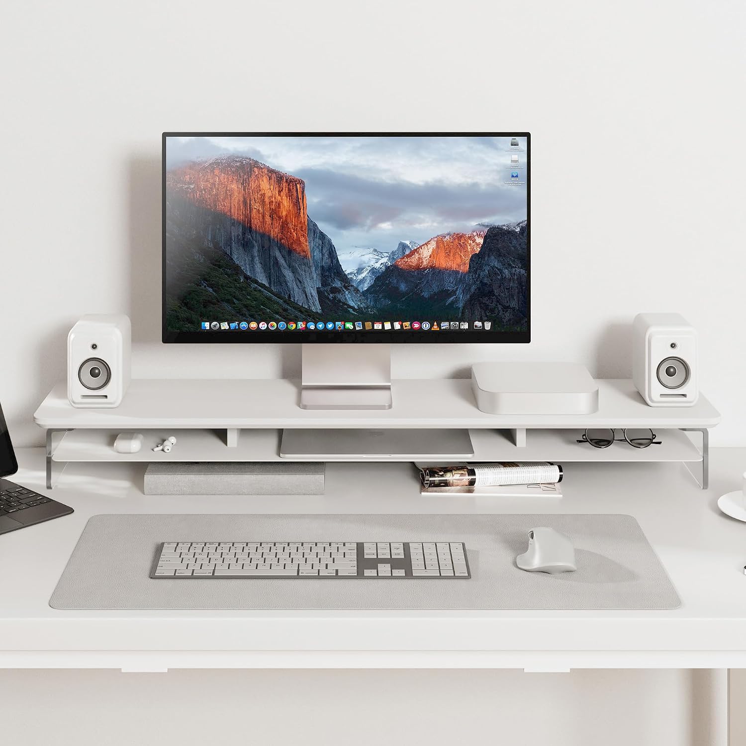 Fenge Acrylic Monitor Stand Riser, 42.5 Inches Dual Monitor Stand with Metal Storage, 2 Tier Acrylic Computer Riser for Desk, Clear Laptop Stand for PC, Laptop, Printer, TV, White