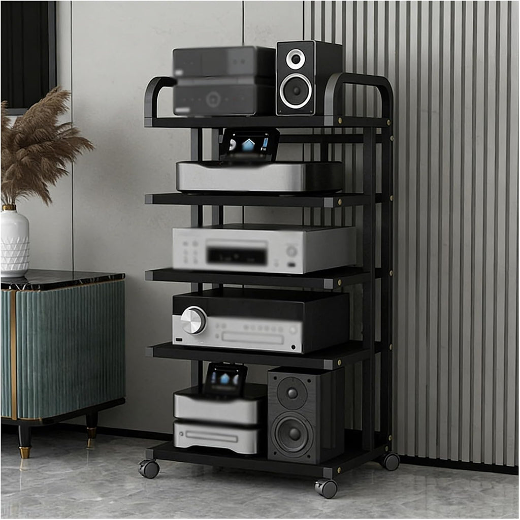 YLLFFLL Heavy Duty Av Media Stands 2 3 4 5 Tier Monolith for Corner, Audio Component Rack Tower Stereo Stand Equipment Shelf with Casters, HiFi Cabinet Unit(5 Layer)