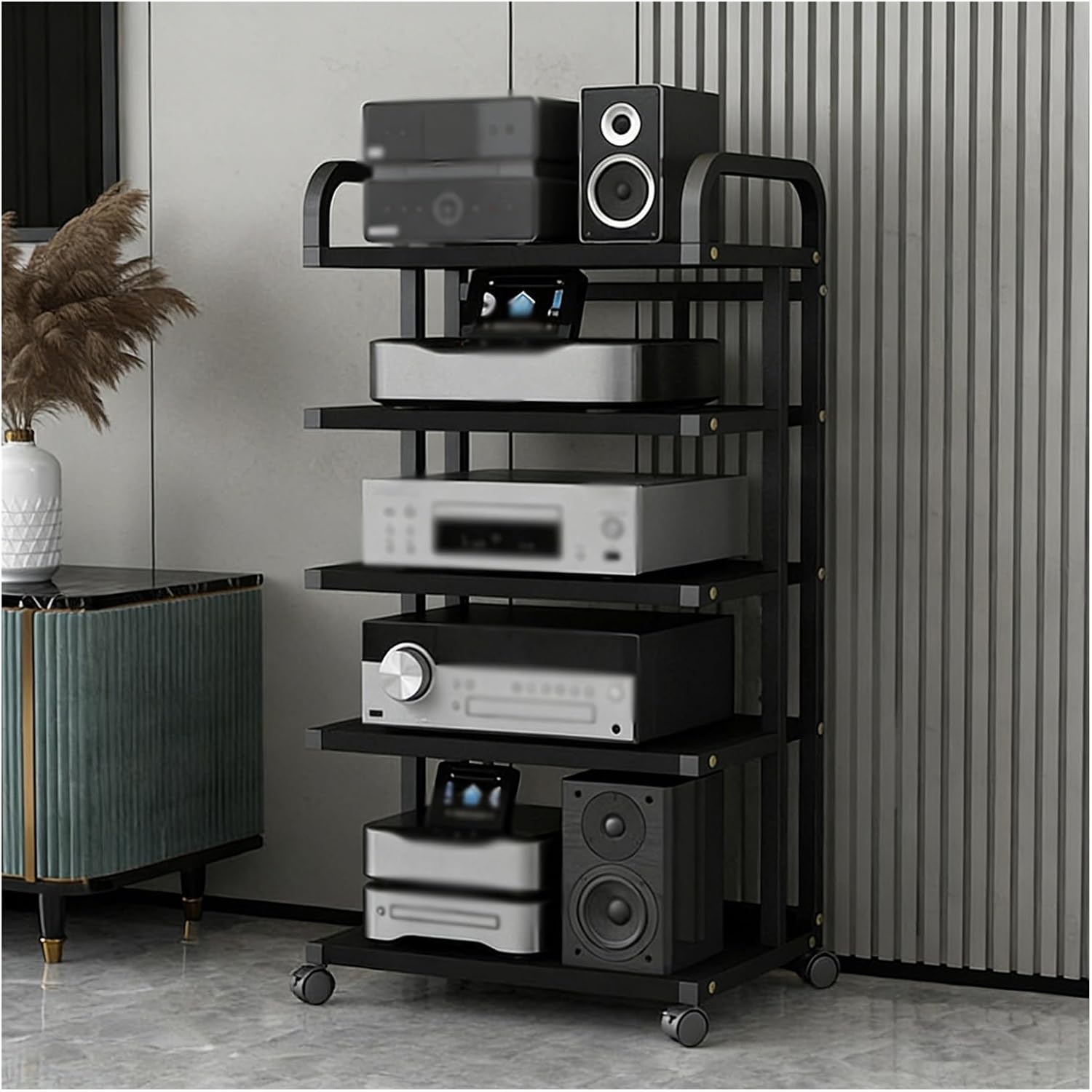 YLLFFLL Heavy Duty Av Media Stands 2 3 4 5 Tier Monolith for Corner, Audio Component Rack Tower Stereo Stand Equipment Shelf with Casters, HiFi Cabinet Unit(5 Layer)