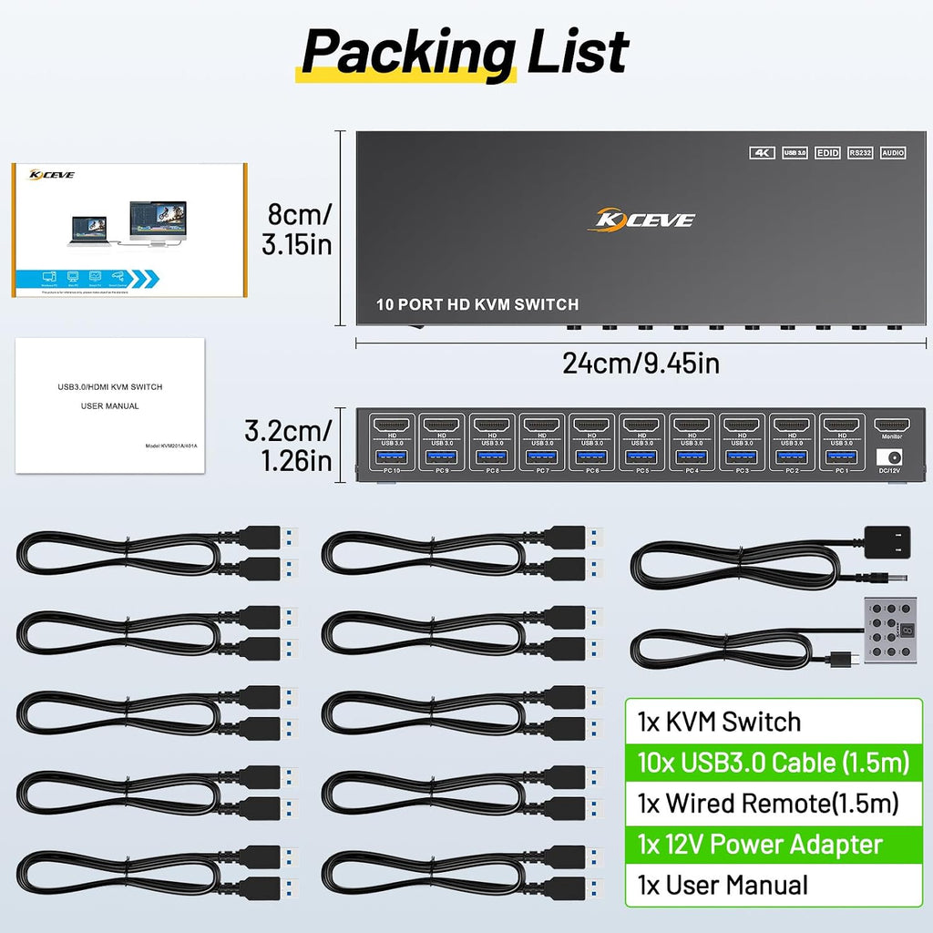 8 Port HDMI Displayport KVM Switch 2 Monitors 8 Computers 4K@60Hz EDID Simulation,8 PC Dual Monitor KVM Switch with 4 USB 3.0 Ports,Audio,RS232,with Wired Remote,12V Power Adapter and 8 USB Cable