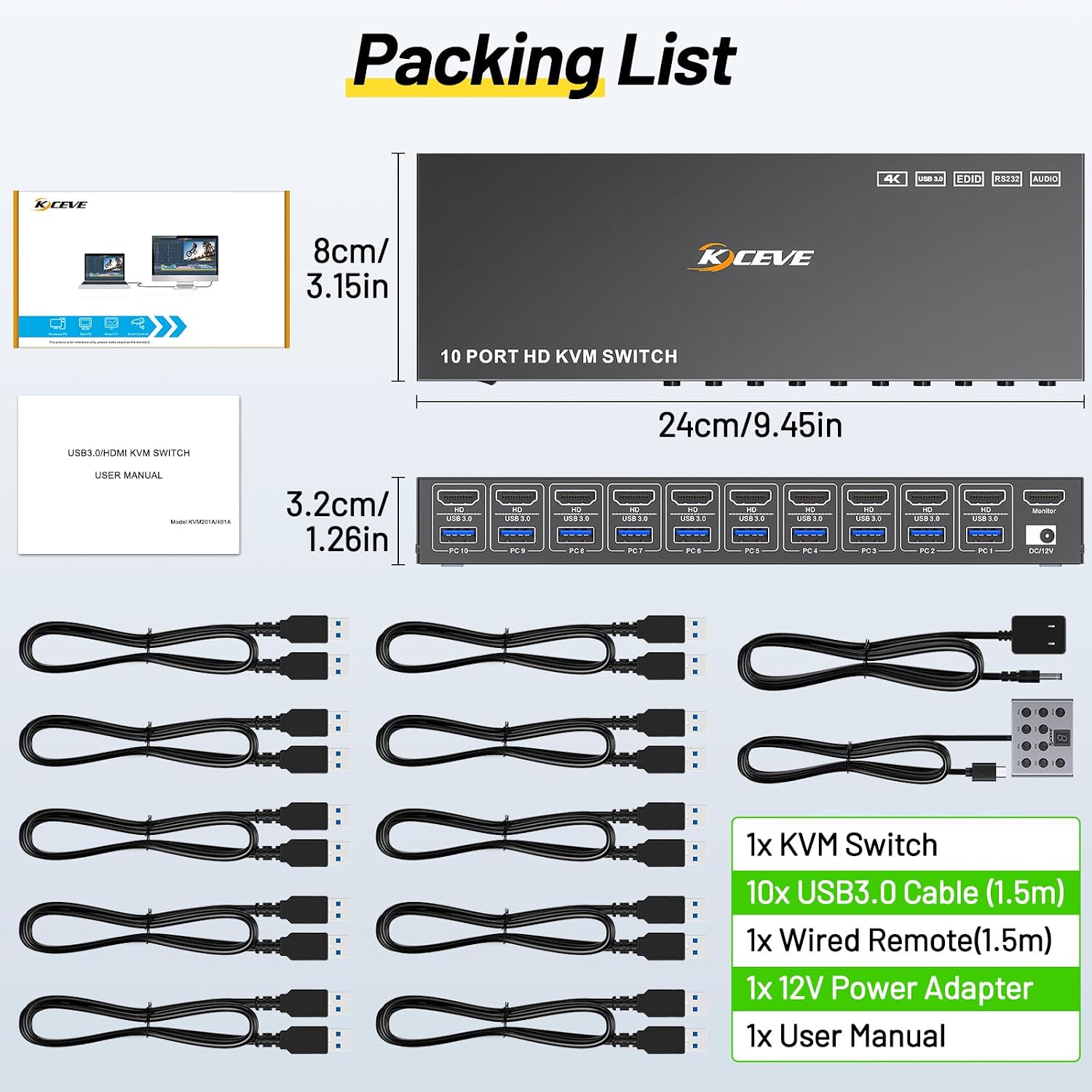 8 Port HDMI Displayport KVM Switch 2 Monitors 8 Computers 4K@60Hz EDID Simulation,8 PC Dual Monitor KVM Switch with 4 USB 3.0 Ports,Audio,RS232,with Wired Remote,12V Power Adapter and 8 USB Cable