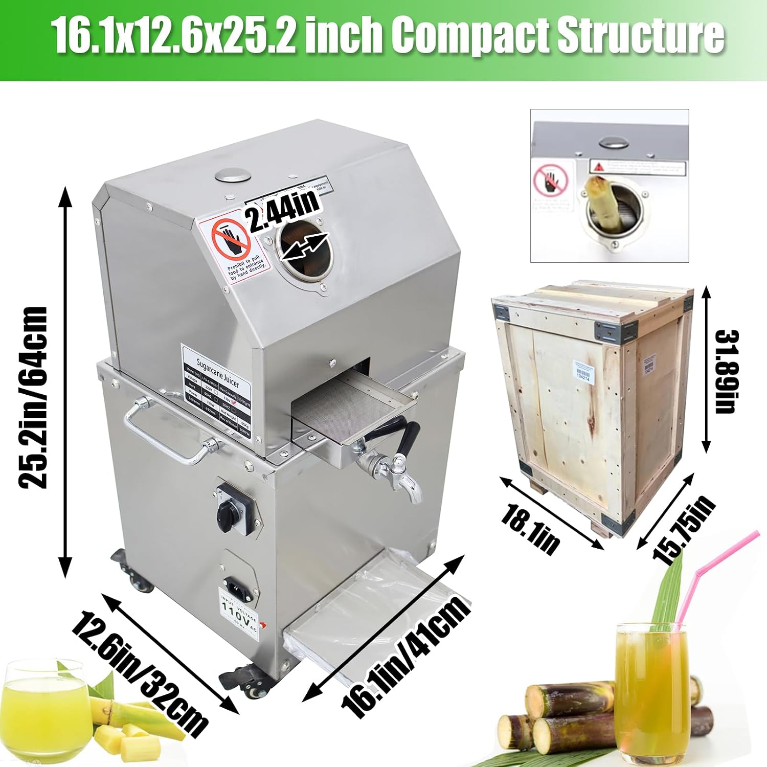 INTBUYING 800W Electric Sugarcane Juicer Sugar Cane Press Machine with 3 Stainless Steel Rollers 660LBS/H Output 2 Peelers Sugarcane Juice Extractor Squeezer on Wheels for Home Commercial Juice Shops