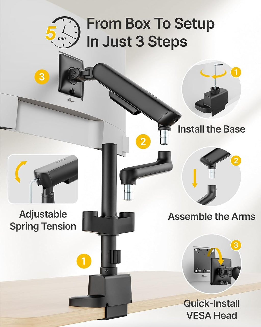 monTEK Dual Tall Monitor Arm with USB, Mechanical Spring Monitor Arm for 17-35' Screens, Adjustable Monitors Desk Mount Each Holds up to 24.2 lbs with C Clamp/Grommet, VESA 75/100mm