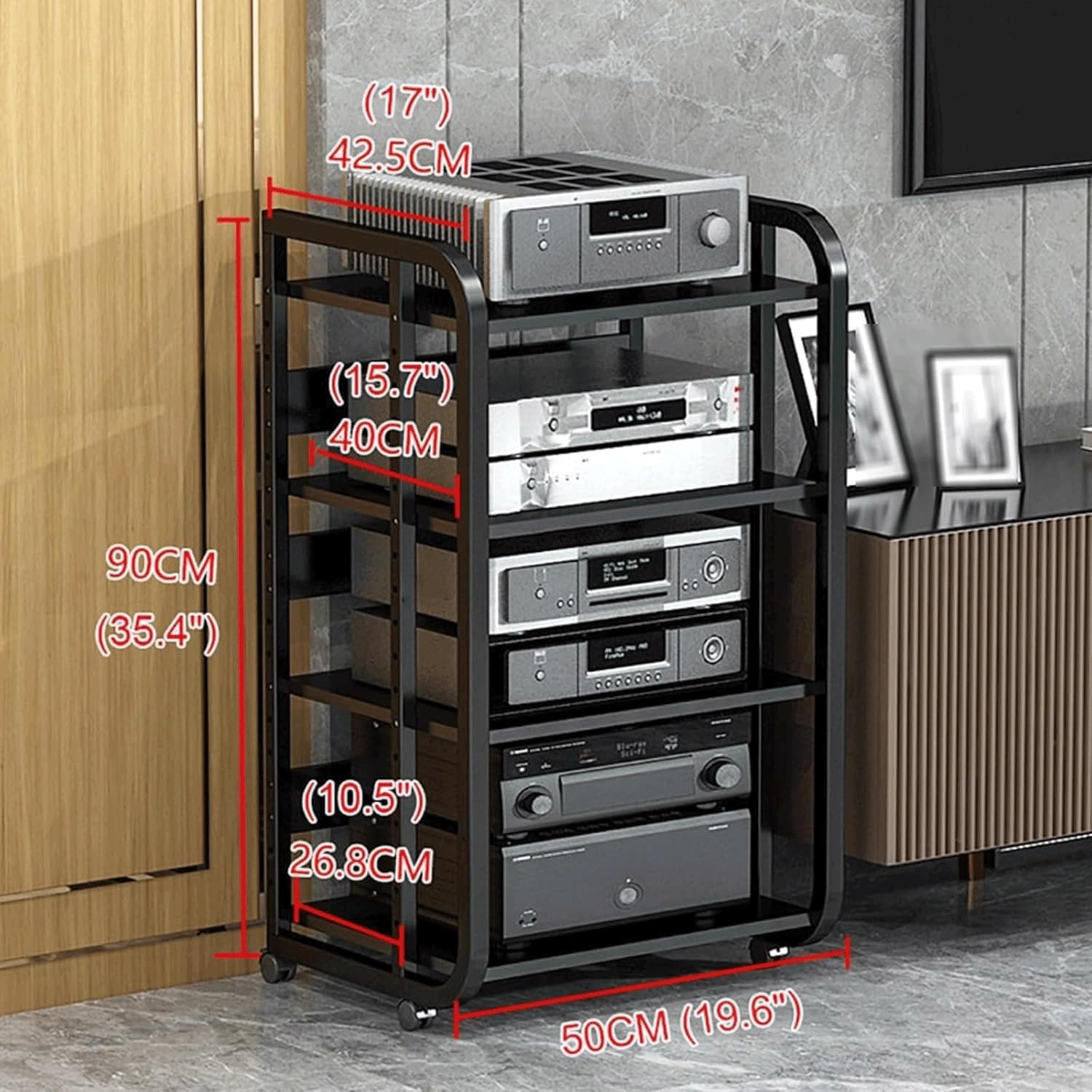 Audio Rack with Wheels Stereo Rack Audio Equipment Rack Audio Movable Stereo Shelf Wooden Open Adjustable Audio-Video Shelving(Wei�,4 Tier)