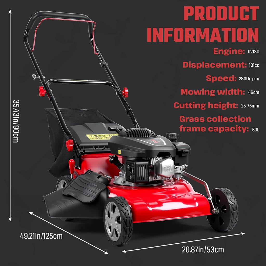 18-Inch 3-in-1 Self Propelled Gas Lawn Mower - 131cc Engine with 50L Grass Bag & Big Wheels for Yard Lawn Care and Landscaping Red