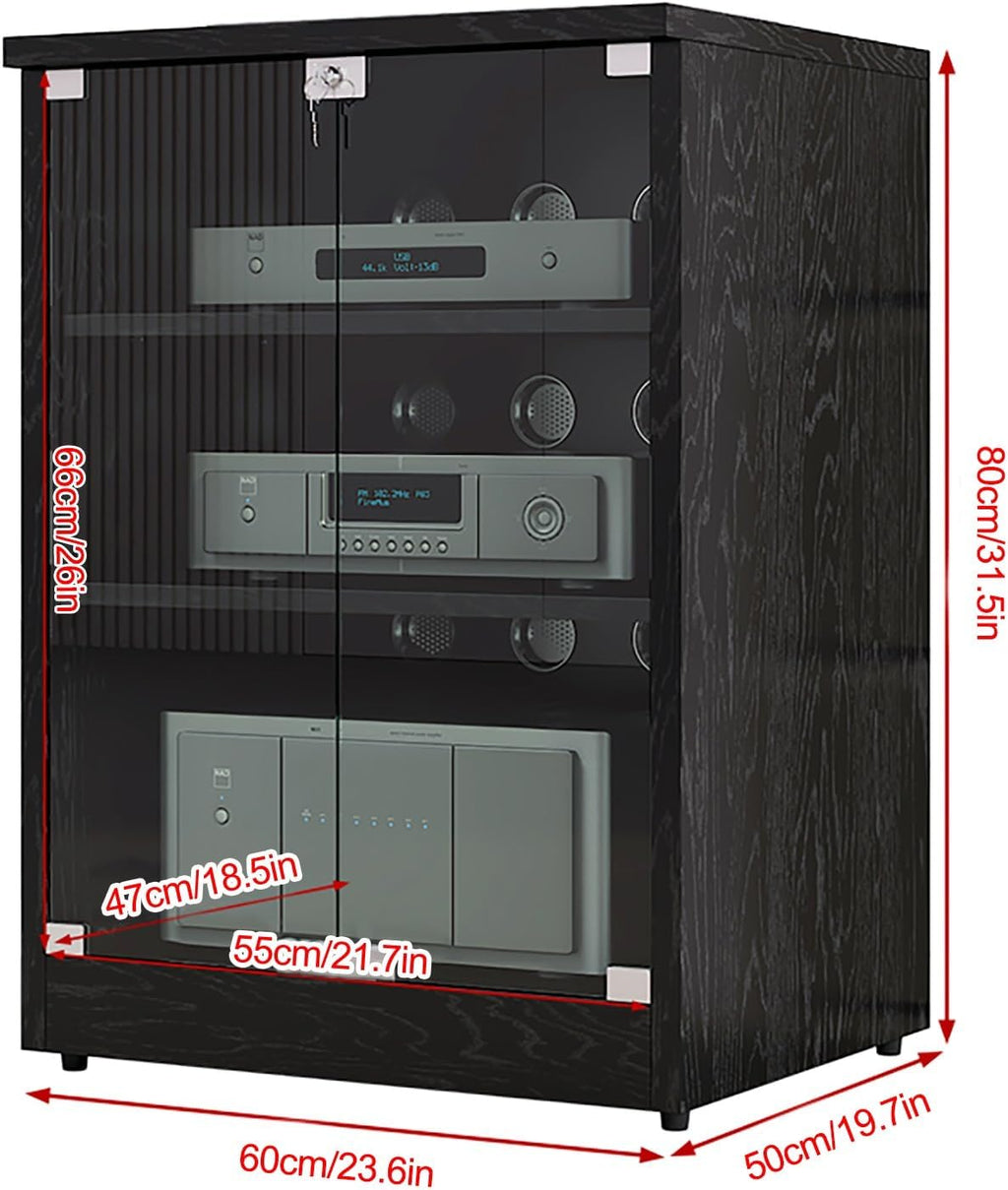 Media Cabinet AV Media Stand Stereo Cabinet with Adjustable Shelves Tempered Glass Doors and Cable Management, for Entertainment Stereo Racks Component(Black,80cm/31.5in)