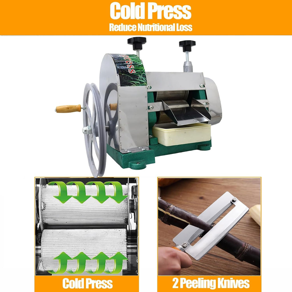 TECHTONGDA Manual Sugar Cane Juice Machine, Stainless Steel Sugarcane Press Juicer, Commercial Ginger Press Extractor with Handwheel & 2 Peeling Knives for Homes Shops