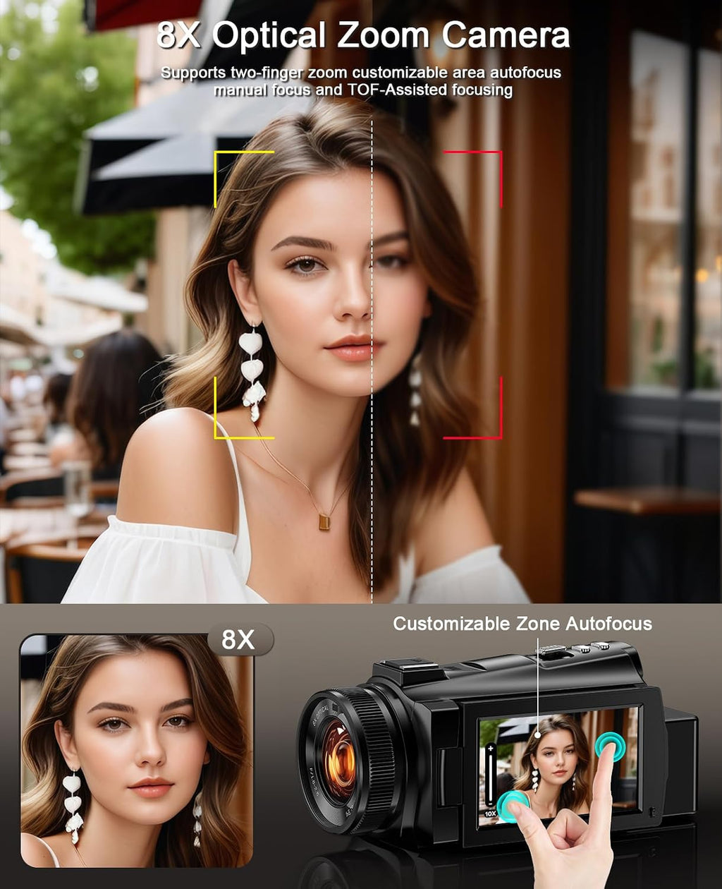 5K Video Camera Camcorder 8X Opitical Zoom Live Streaming Cameras 64MP WiFi Autofocus Vlogging Camera for Youtube with Full-color Night Vision, 3.6'' 270° IPS Touchscreen 32GB Card Video Recorder