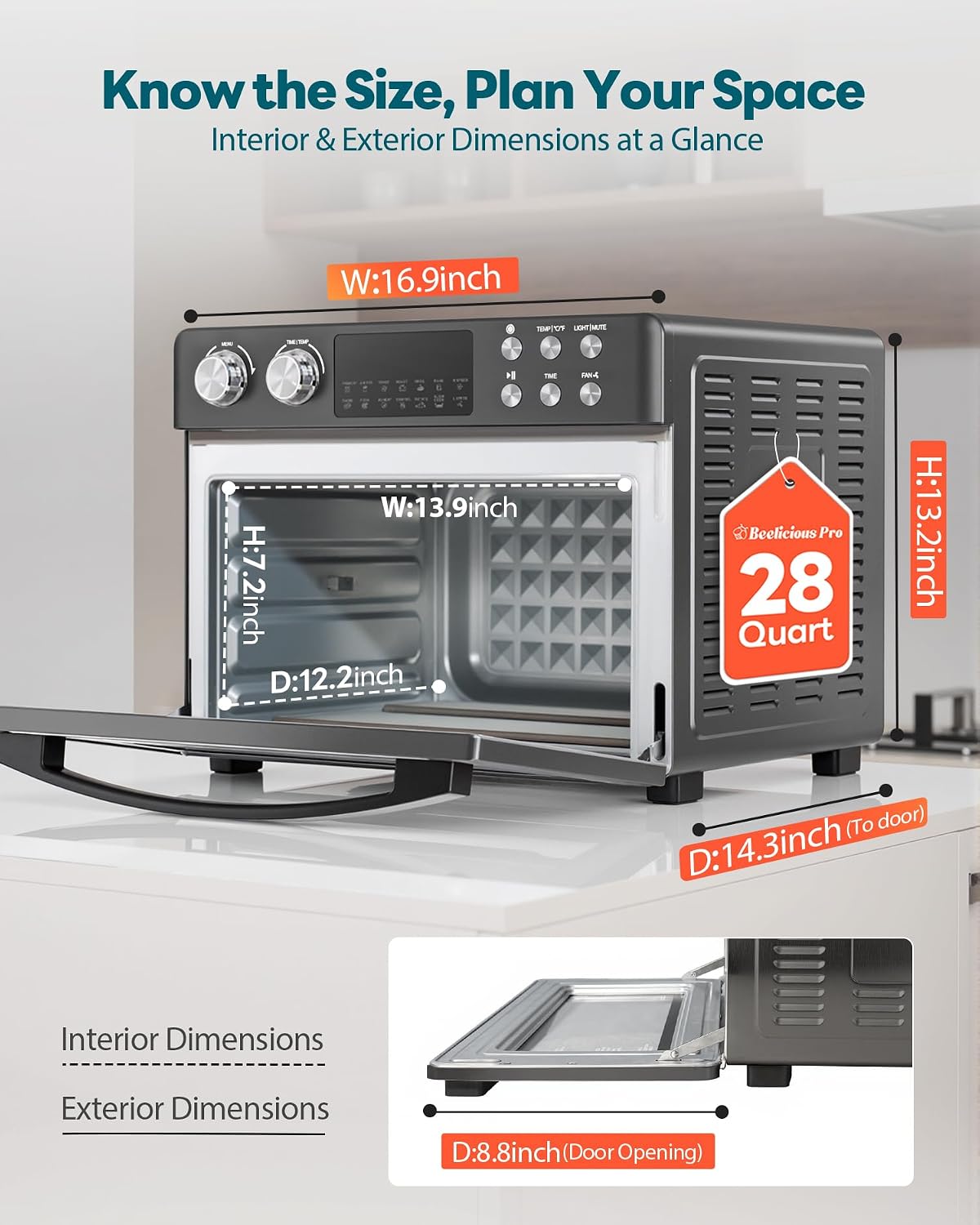 28QT Air Fryer Toaster Oven Combo, Large 12-in-1 Convection Countertop Oven with Next-Gen HeatWave Convection, 3-Layer Cooking, Rotisserie for Chicken, Fits 11' Pizza, Full Accessories, Glitter Black