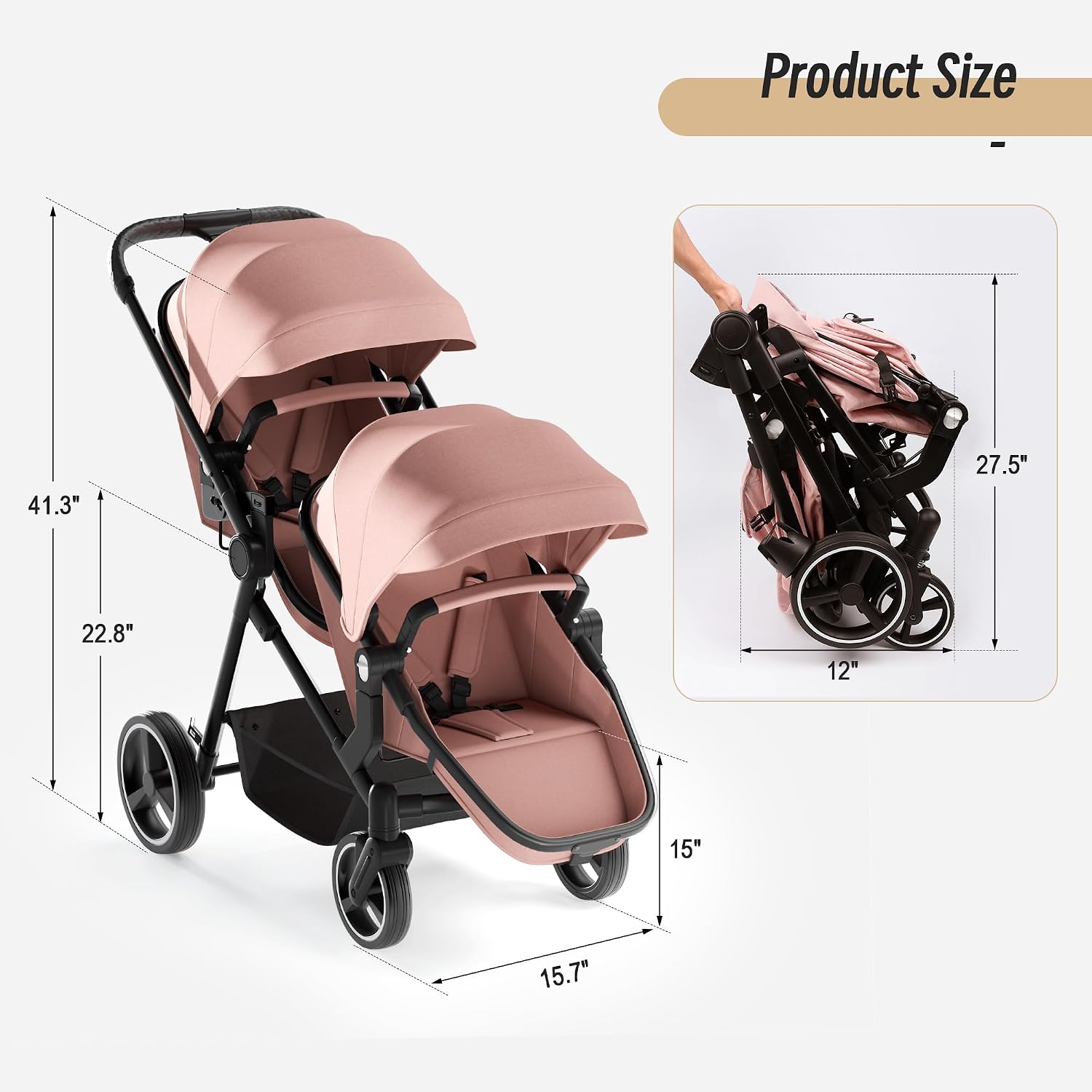 Double Stroller for Twins and Toddlers, Lightweight Aluminum Foldable Twin Stroller with Adjustable Backrest, Reversible Seat, 5-Point Harness, Storage Basket (Pink)