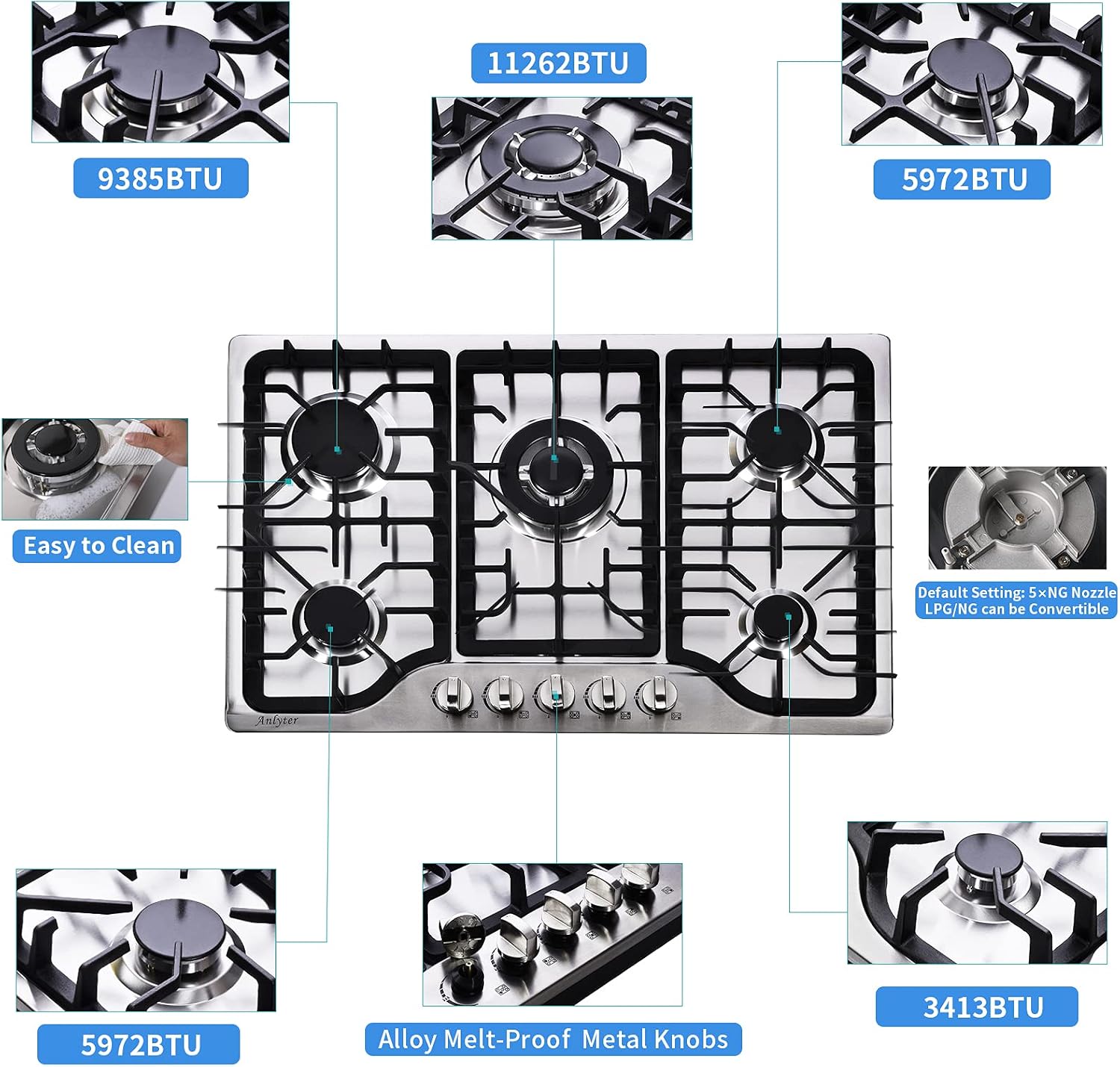 30 Inch Gas Cooktop, 5 Burners Built-in Gas Stovetop Stainless Steel LPG/NG Gas Stove Dual Fuel Sealed Gas Hob with Wok Stand and Pressure Regulator