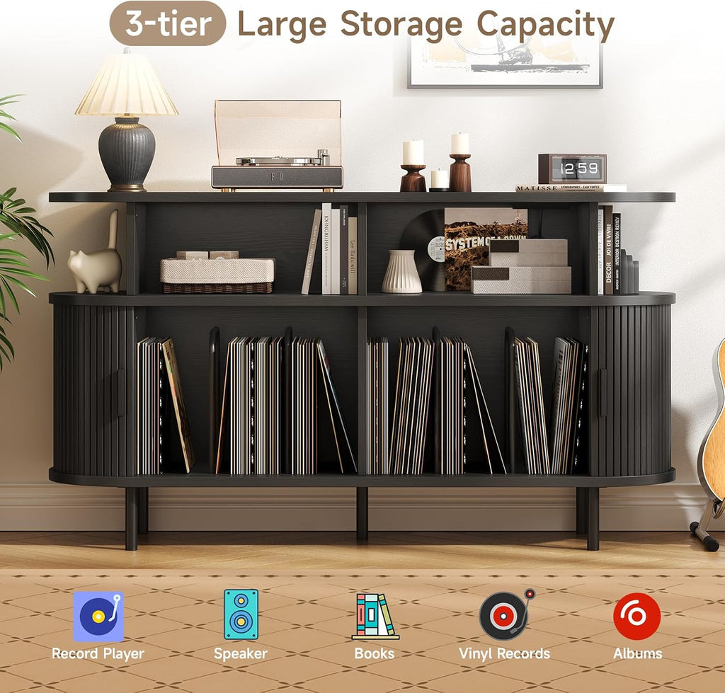 55' Large Round Record Player Stand with Charging Station, Vinyl Record Storage Cabinet, Mid Century Modern Turntable Stand with Open Shelves Holder for Bedroom Living Room, Sliding Doors (Black)