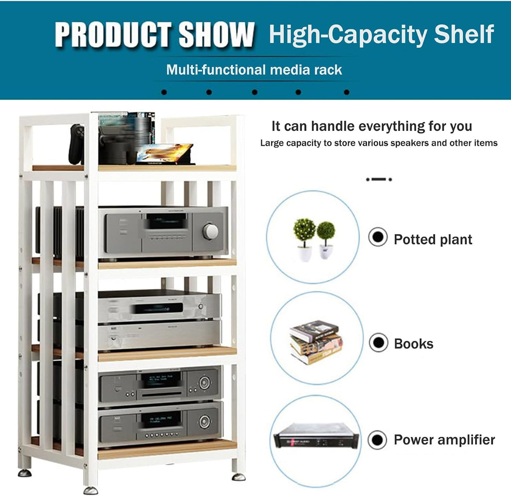 4-tier Media Stand Audio-video Shelving Stereo Console Stand Tower Rack Wooden Cabinet Open-Ended Electronics Equipment Shelf with Height Adjustable Shelves for TV Box/DVD Player Gaming Rec Room(White