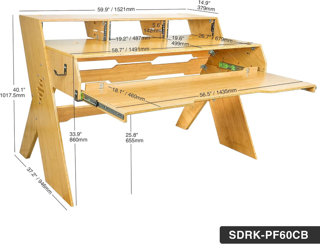 Sound Town Studio Workstation Desk with 3 x 3U Rack Bays, Adjustable Top Shelf, Slide-Out Controller Keyboard Tray, Solid Carbonized Bamboo (SDRK-PF60CB)