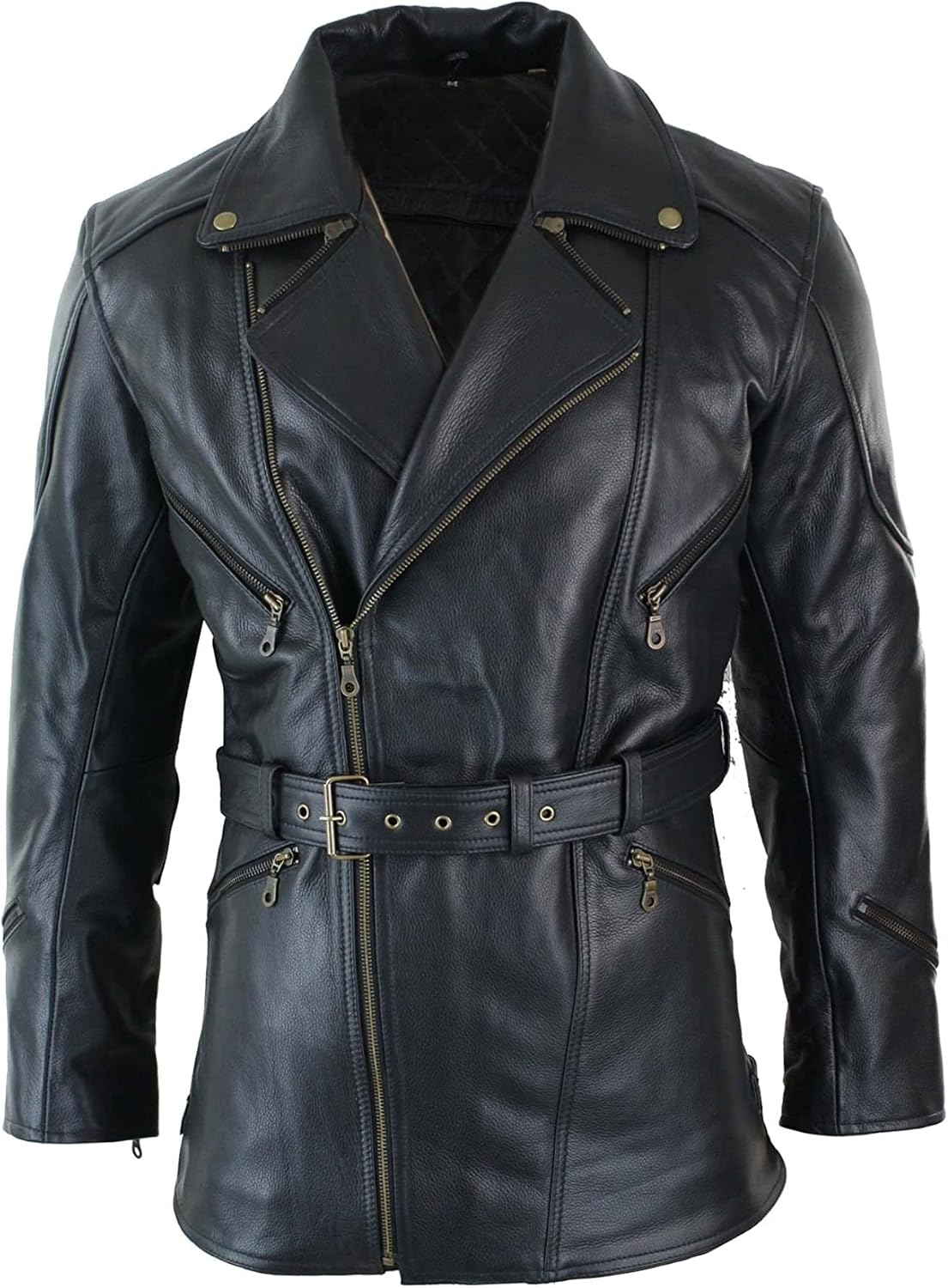 Mens 3/4 Quarter Length Motorcycle Black Biker Long Jacket - Genuine Leather Coat Winter Outerwear
