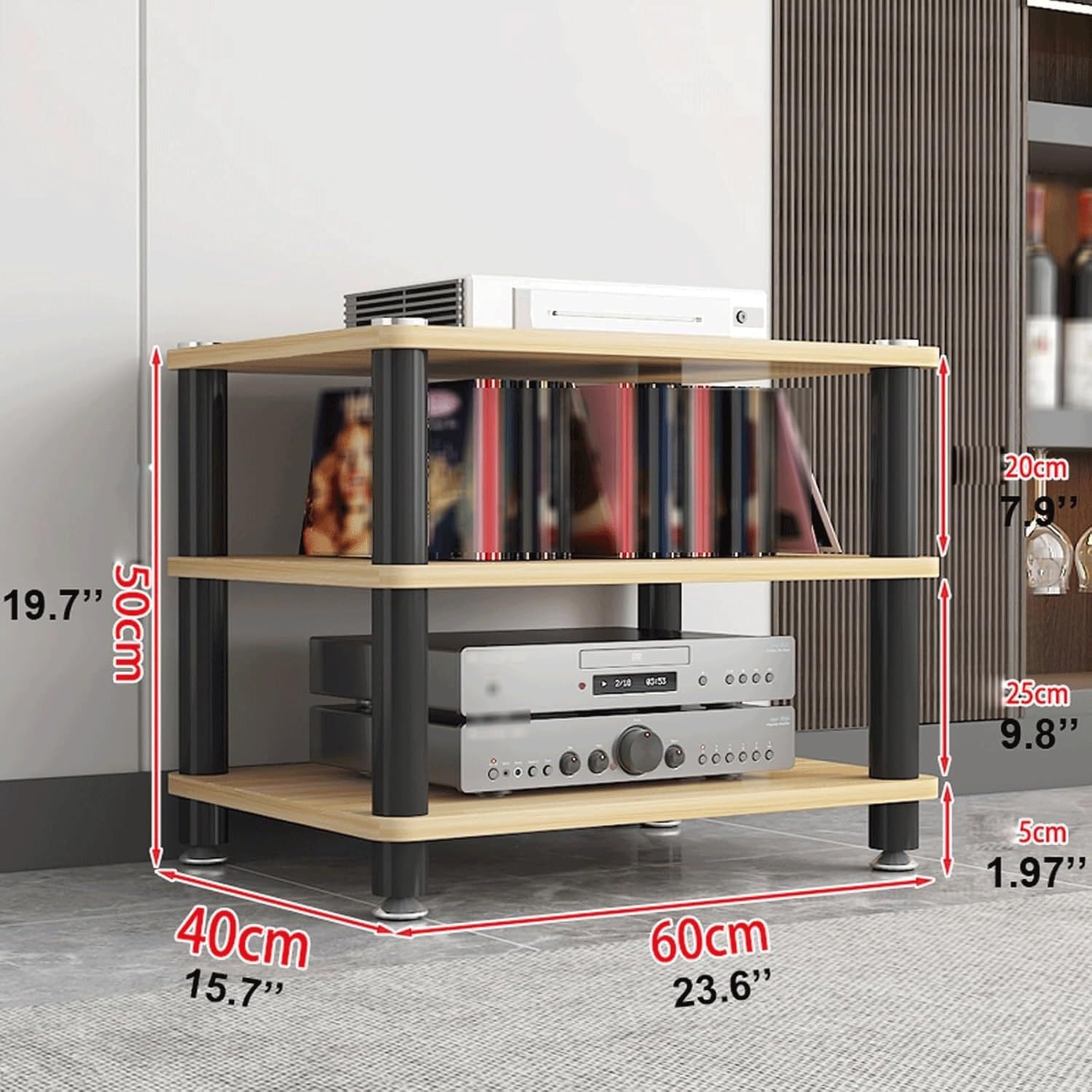 Audio Rack Multi-Layer Stereo Rack Audio Equipment Rack Audio Open Rack Cabinet Wooden HiFi Rack Audio-Video Shelving with Steel Pipe(Natural,3 Tier)