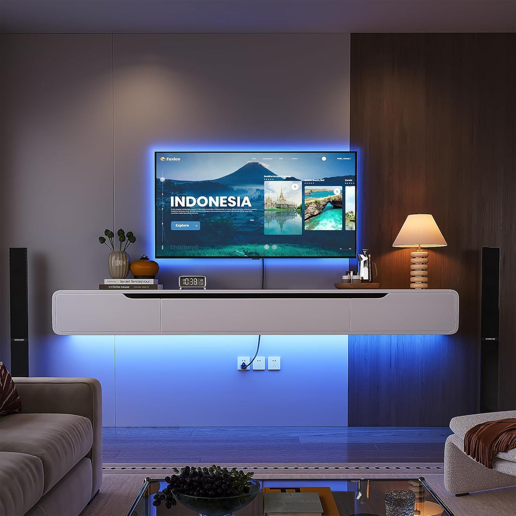 Fully-Assembled Floating TV Stand with Drawers, 55IN High Gloss Wall Mounted Entertainment Center, Modern Media Console with Storage, Under TV Shelf for Bedroom Living Room White