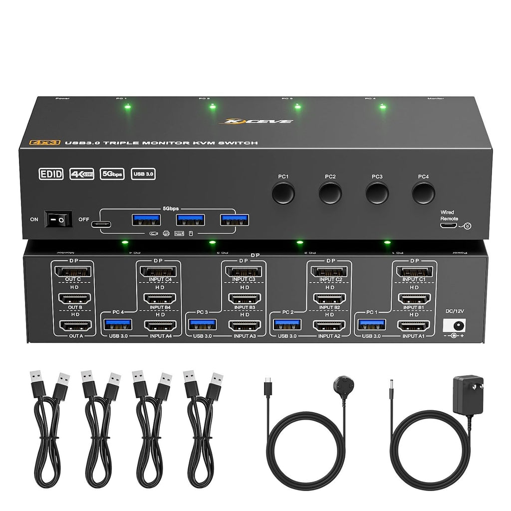 KVM Switch 2 Monitors for 1 Laptop and 1 Desktop 4K@60Hz, USB C HDMI Dual Monitor KVM Switch,Docking Station KVM Switches with 4 USB 3.0 Port, 80W PD Charging, Wired Remote and USB-C Cable Included