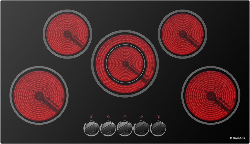 GASLAND 36 Inch Electric Cooktop, 8200W Drop-in Radiant Glass Stove Top CH90BS with 5 Burners, 220V Ceramic Electric Stovetop, 7 Power Levels, Mechanical Knob Control, Hot Warning, Hard Wire