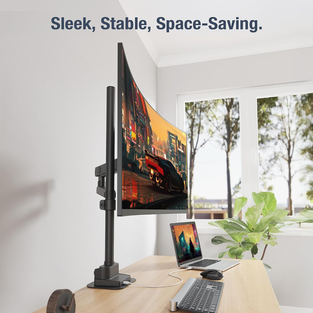 AVLT Single 40 Inch Monitor Arm Pole Top Mount with USB-C&A Ports-Black, Supports 26.4 lbs (12kg), Ultrawide Screen Fit, VESA Compatible, Tilt, Swivel, Rotate, Ergonomic Adjustable Height, Durable