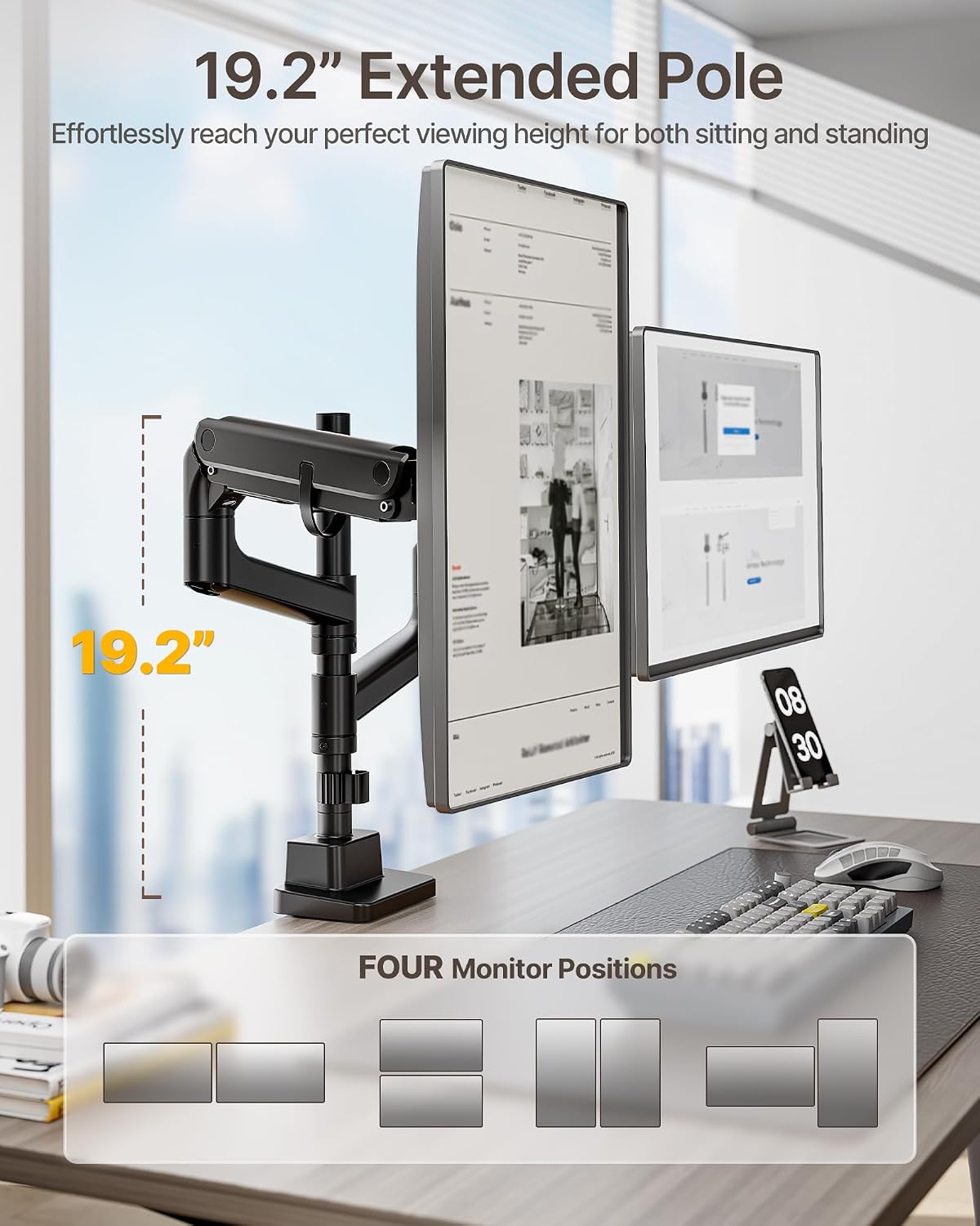 monTEK Dual Monitor Arm for up to 57' and 59.4 lbs Ultrawide Screen, Aluminum Heavy-Duty Gas Spring Vertical Stackable Curved Screen Adjustable Monitor Stand, 75/100mm Vesa Mount, Black