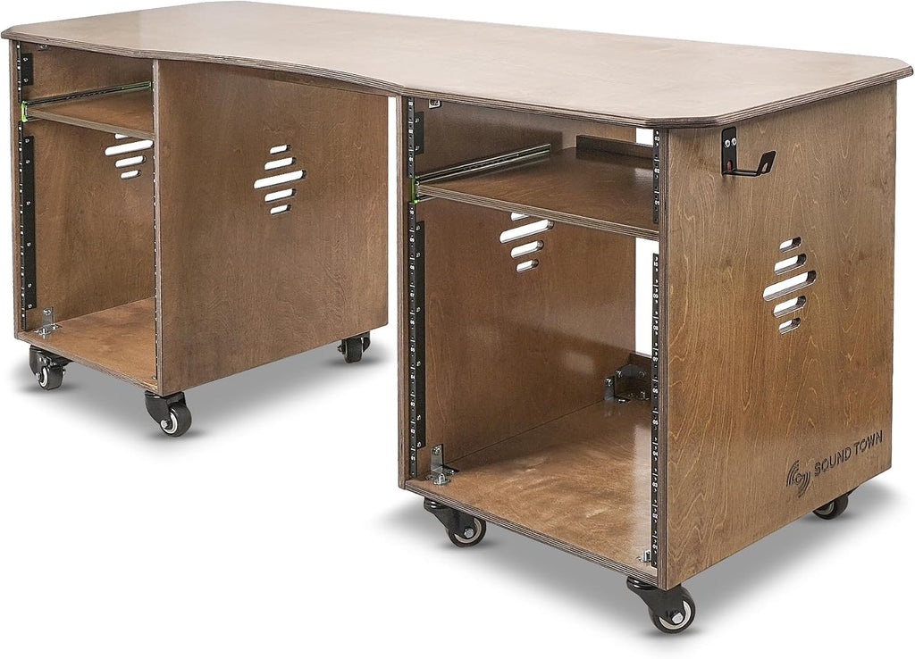 Sound Town DIY Music Studio Rack Desk Workstation with 2 X 13U Side Cabinets, Two Slide-Out Trays, Casters, Plywood, Weathered Brown for Recording Room, Home Studio (SDRK-WS69)