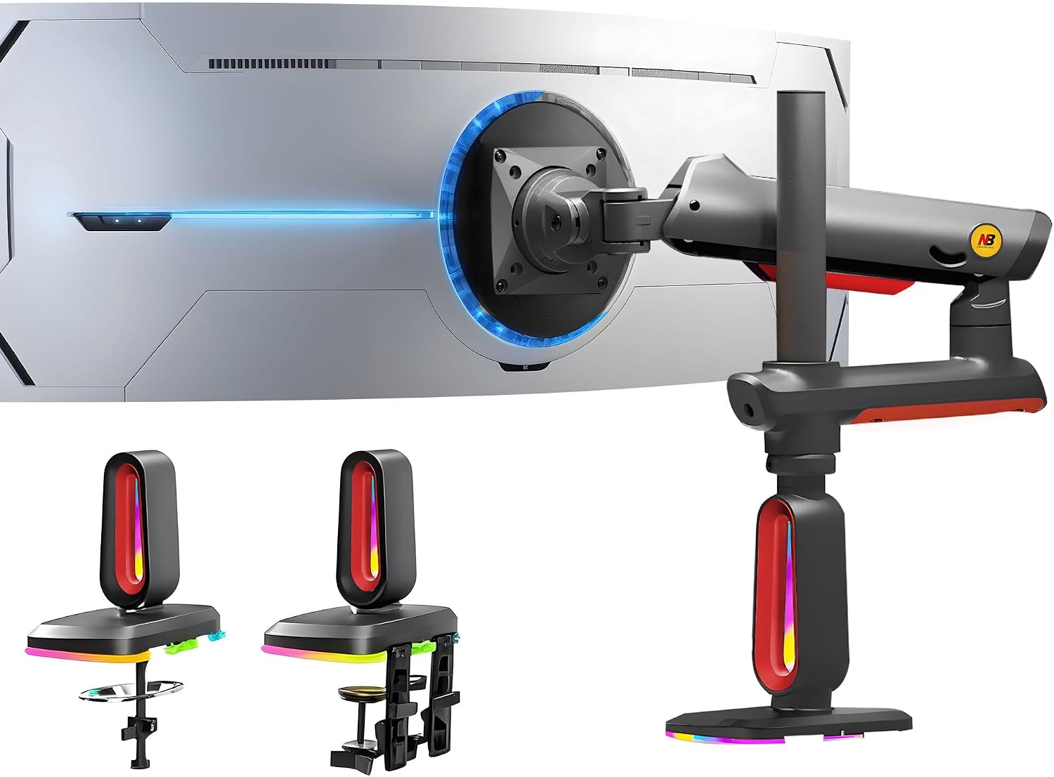 NB Extra Height Gaming Monitor Arm for 32 to 60 Inches Screen, Load up to 20 kg, VESA 75/100, RGB-Light, Heavy Duty, Multi Angle Adjustable, Premium Aluminum, Long Arm Extension Red