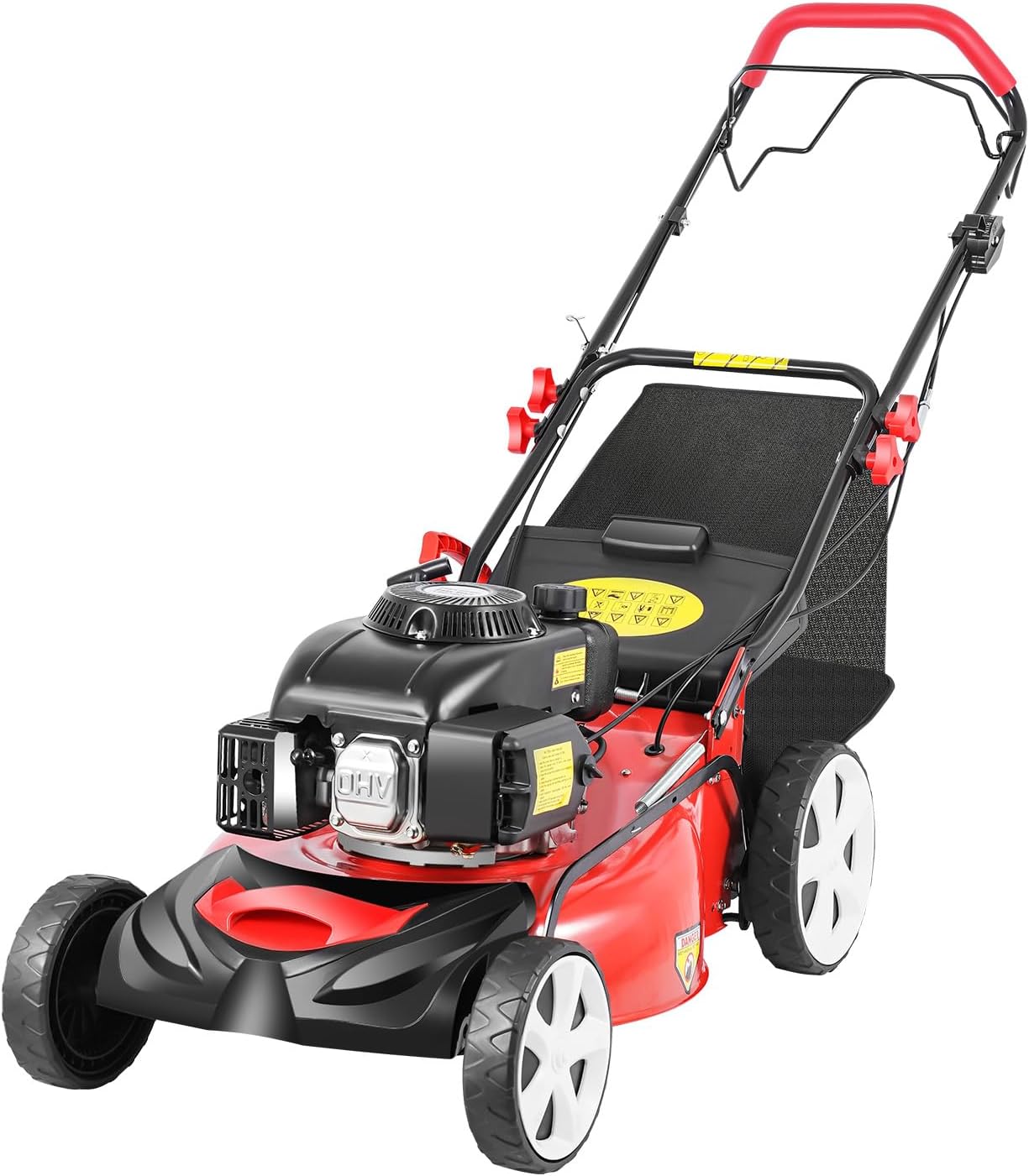 20Inch Gas Lawn Mower, 140CC 4 Stroke OHV Gasoline Engine, 1 to 3.2Inch Mowing Height Adjustment, Push Mower with Bagging, for Patio Garden Lawn Mowing