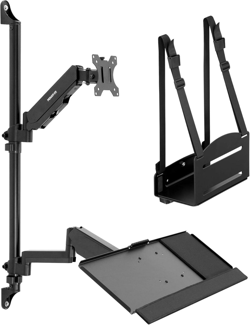 Mount-It! Single Monitor Arm Wall Mount Workstation with Keyboard Tray & CPU Holder, Height Adjustable Gas Spring Full Motion Computer Station, Fits 17–32' VESA 75x75 100x100, Black