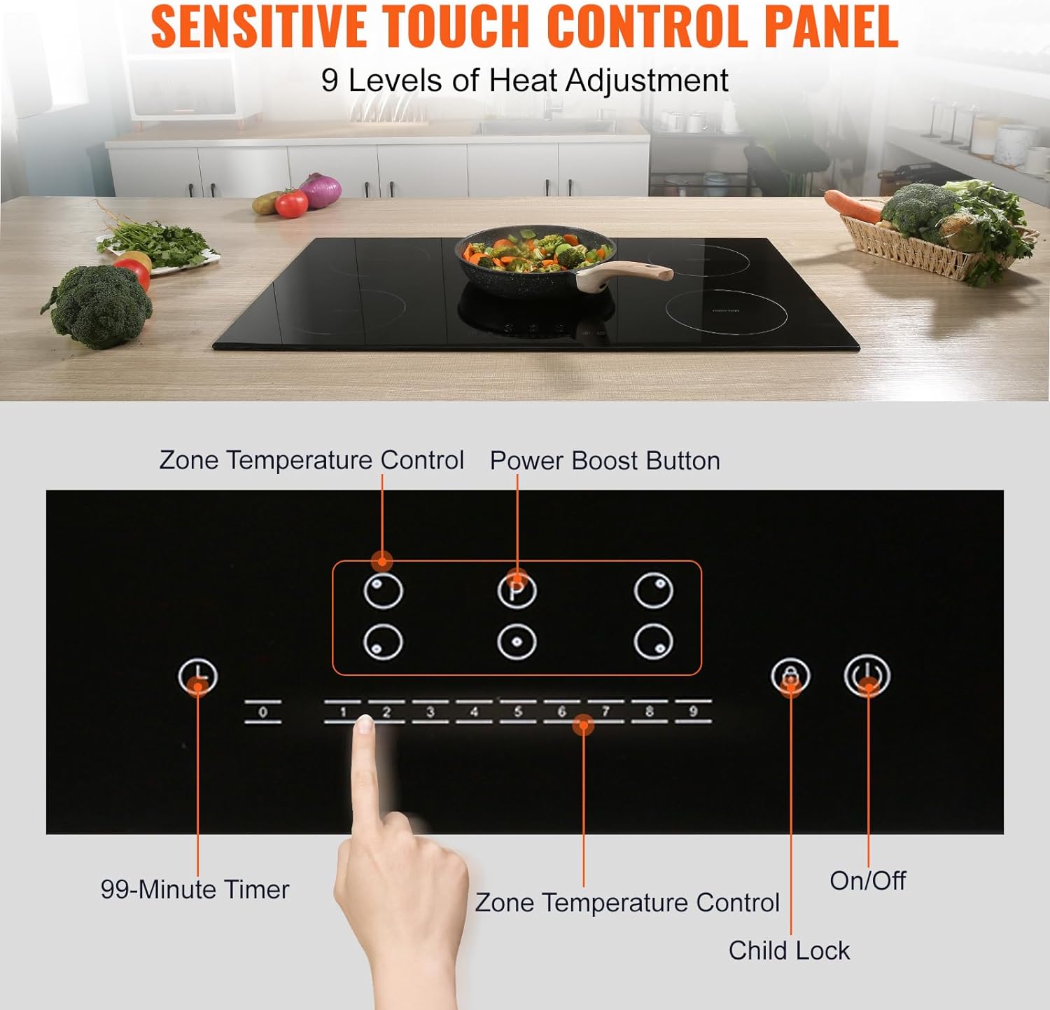 Happybuy Electric Cooktop, 5 Burners, 30'' Induction Stove Top, Built-in Magnetic Cooktop 9200W, 9 Heat Levels, LED Touch Control with Child Lock & Overheat Protection