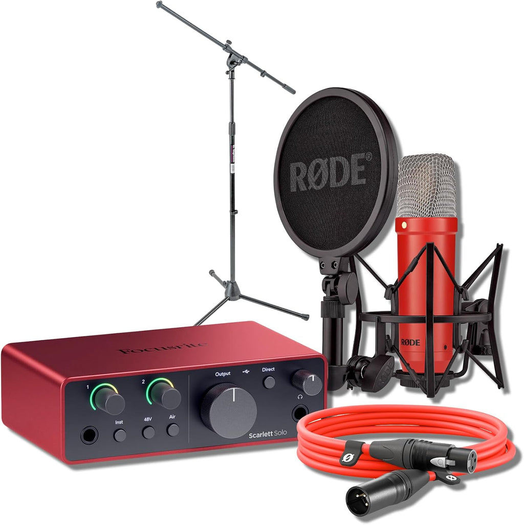 Rode NT1 Signature Red Cardioid Condenser Mic Bundle with Focusrite Scarlett Solo 4G, MS7701B Tripod, and 6m Red XLR — XLR Studio Mic for Singing, Vocal Recording, Streaming, Content Creation