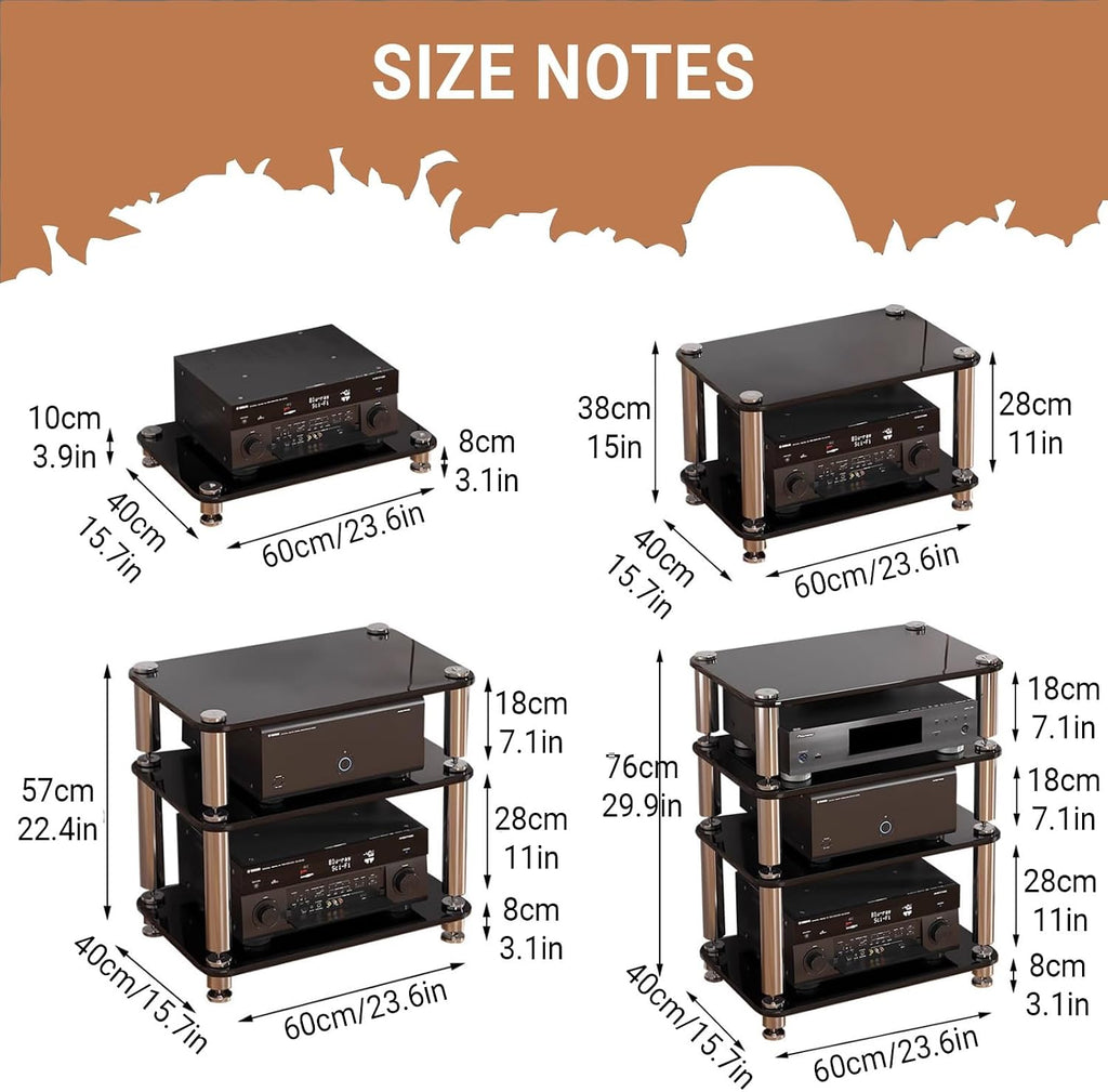 1/2/3/4 Tier AV Video Media Rack Stand,Tempered Glass Panel,Audio Media Storage Cabinet with Stainless Steel Legs,Solid Beech infill,Alloy Shock-Absorbing feet(Black,1-Tier)