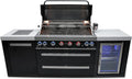 Mont Alpi Black Series Stainless Steel 94'W x 23'D Modular Outdoor Kitchen Island + Side Burner + Refrigerator + 44'W 6-Burner BBQ Gas Grill + White Granite Countertops + Storage Cabinets & Drawers