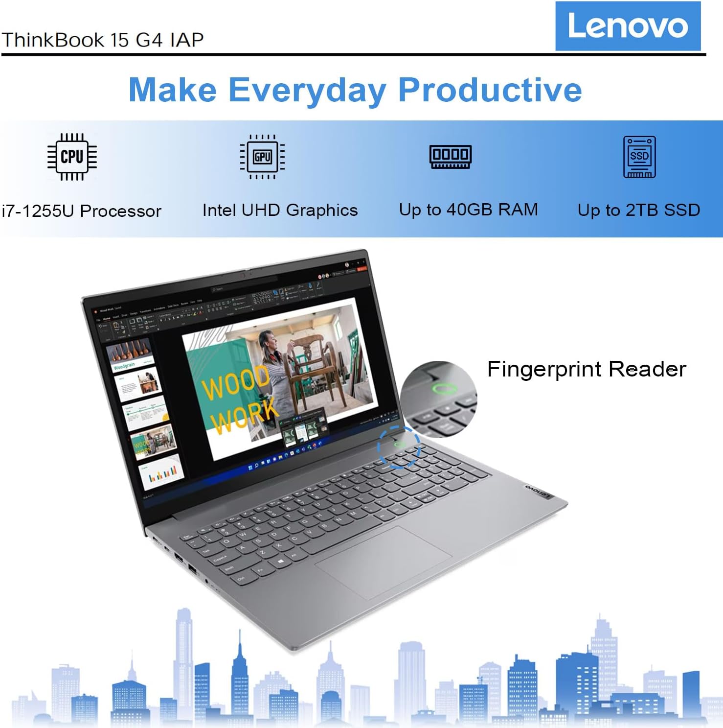 Lenovo ThinkBook 15 Gen 4 Business Laptop, 15.6' FHD Display, Intel i7-1255U, 16GB RAM, 512GB SSD, HDMI, Thunderbolt 4, Webcam, Wi-Fi 6, Fingerprint Reader, SD Card Reader, Windows 11 Pro, Grey