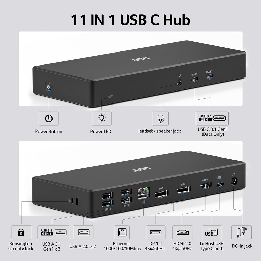 Acer Docking Station, 11-in-1 Laptop Docking Station 4K@60Hz for 3 Monitors with 2x DisplayPort+HDMI, Ethernet, 5Gbps Data, Audio, 135W Power, USBC Dock Compatible with Acer, Dell, MacBook Air/Pro, HP