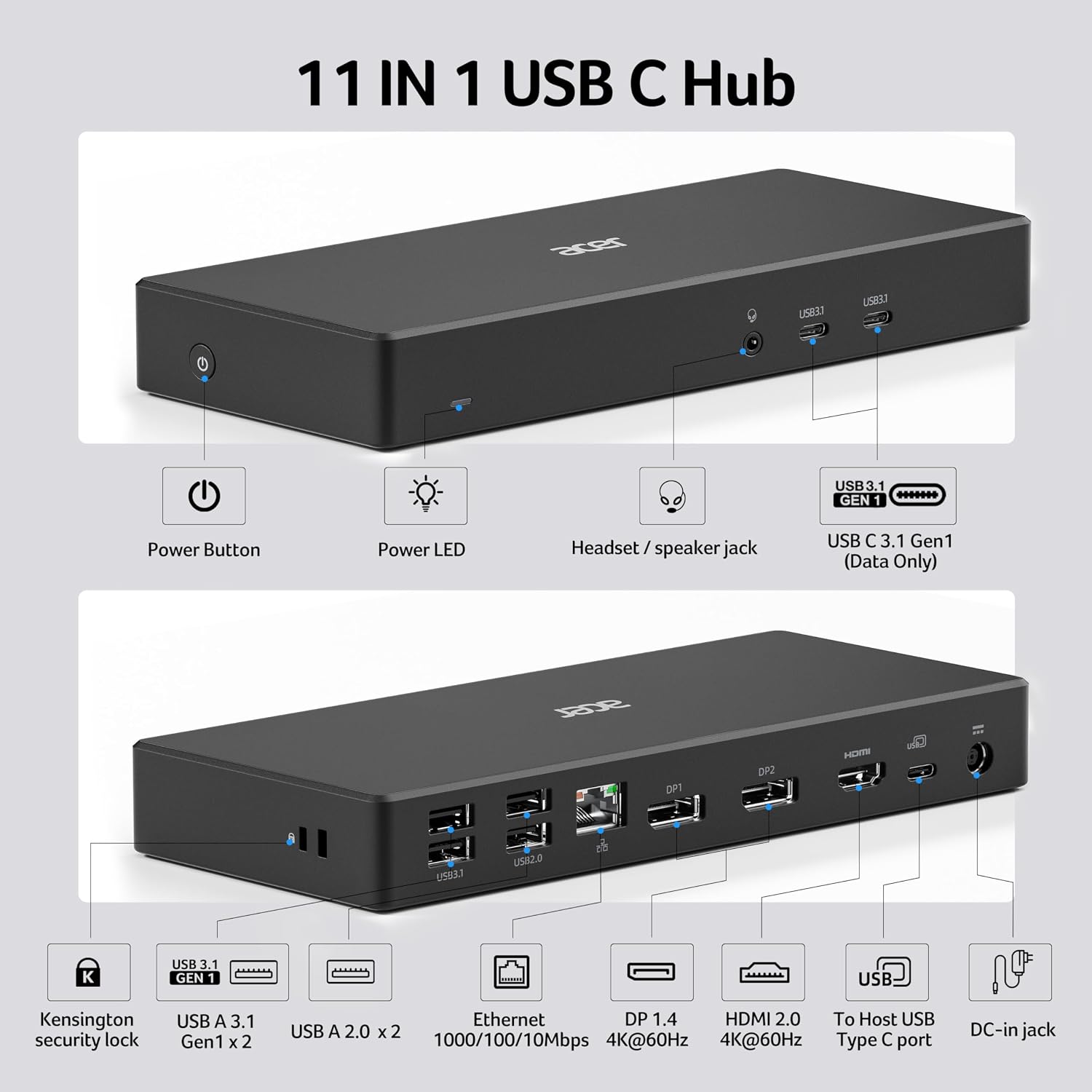 Acer Docking Station, 11-in-1 Laptop Docking Station 4K@60Hz for 3 Monitors with 2x DisplayPort+HDMI, Ethernet, 5Gbps Data, Audio, 135W Power, USBC Dock Compatible with Acer, Dell, MacBook Air/Pro, HP