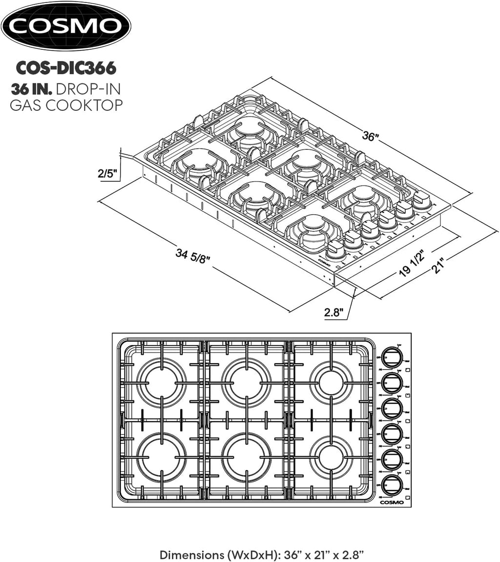 COSMO COS-DIC366 Drop-In Gas Cooktop with 6 Italian Made Sealed Burners, Cast Iron Grates, Metal Knobs, Liquid Propane Convertible, 36 inch, Stainless Steel