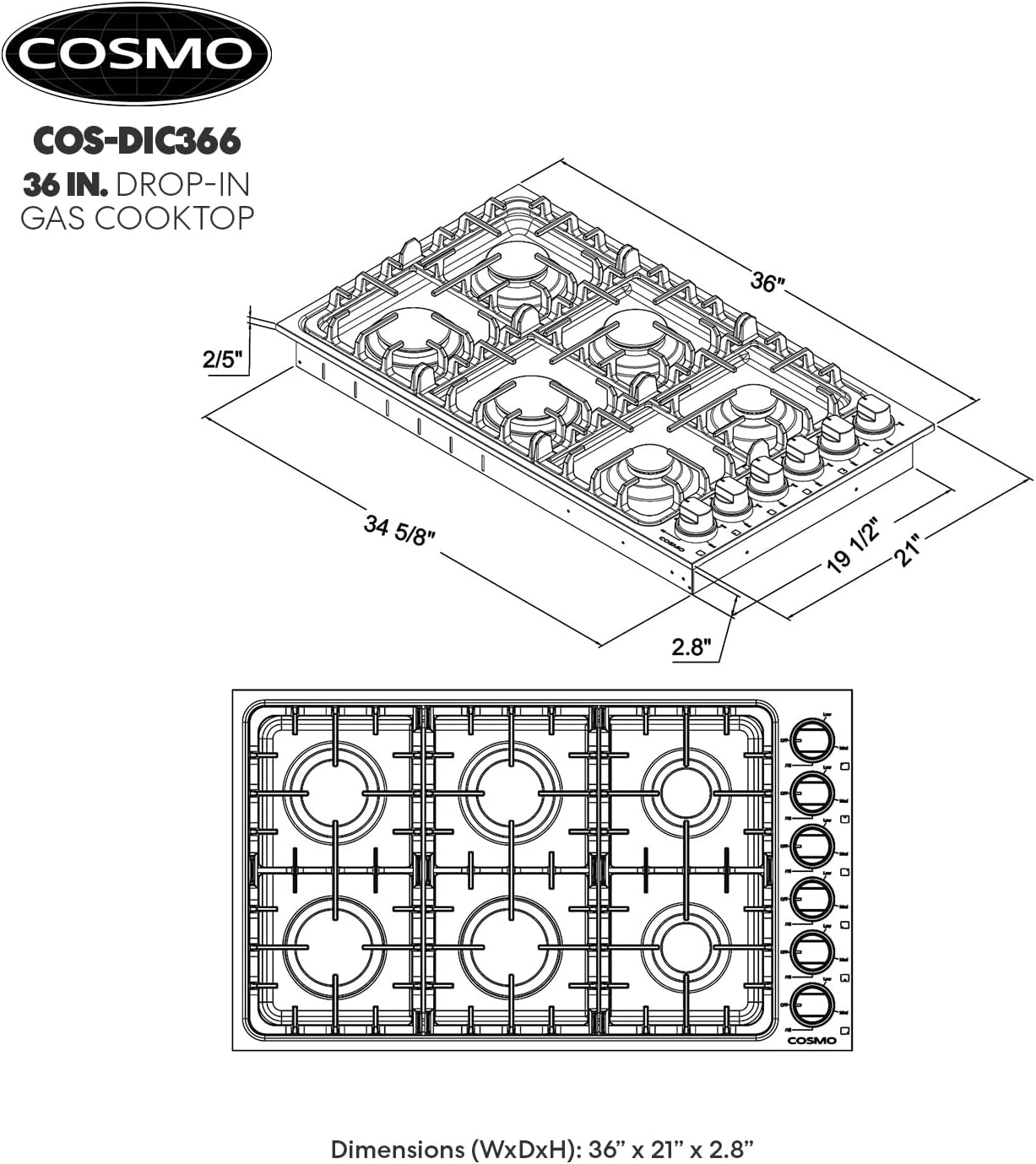 COSMO COS-DIC366 Drop-In Gas Cooktop with 6 Italian Made Sealed Burners, Cast Iron Grates, Metal Knobs, Liquid Propane Convertible, 36 inch, Stainless Steel