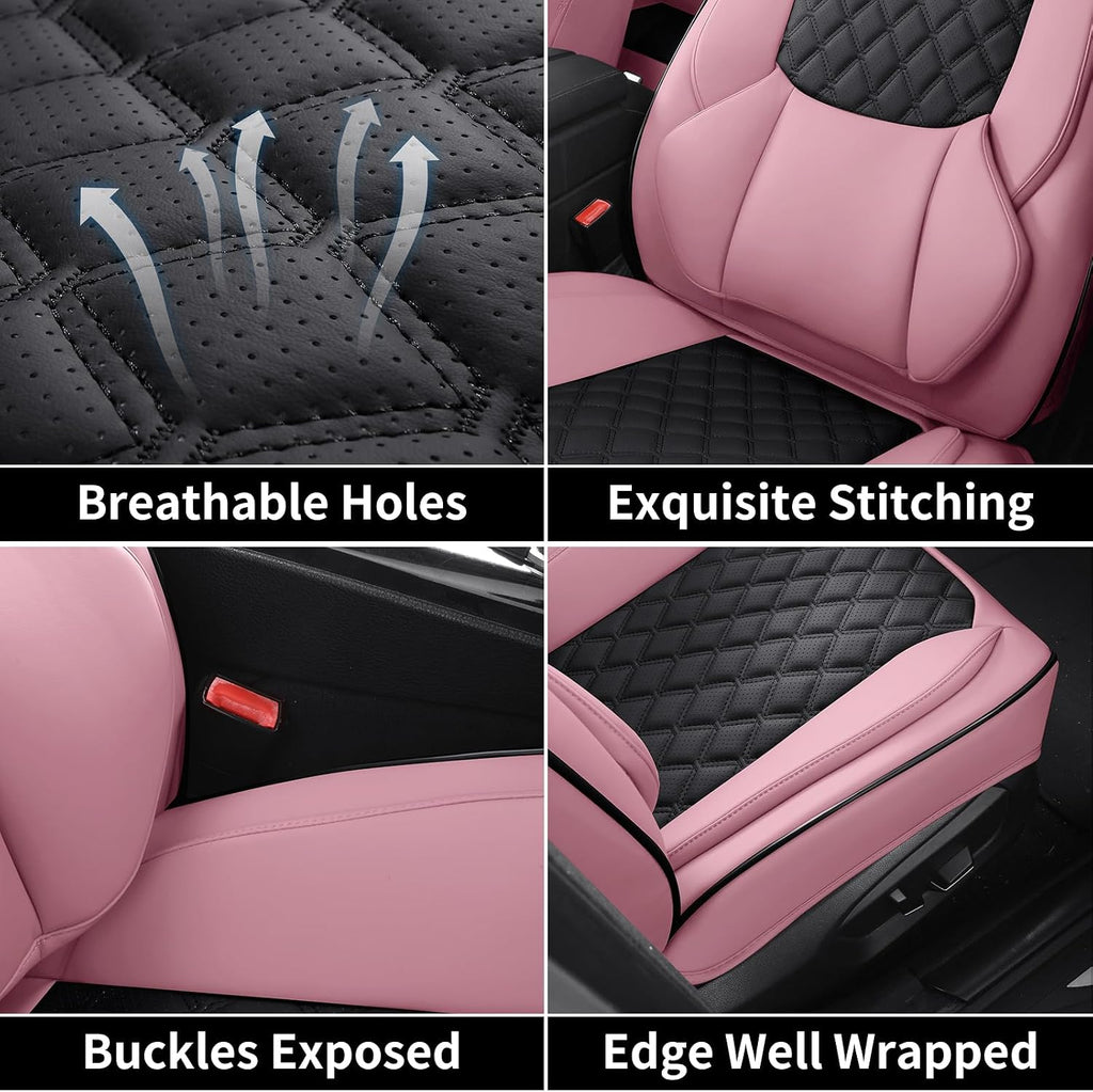 Car Seat Covers, Luxury Faux Leather Waterproof Non-Slip Seat Protector Universal Fit for Most Cars SUVs Trucks Pick-ups,Car Interior Accessories (Pink Black, Full Set)