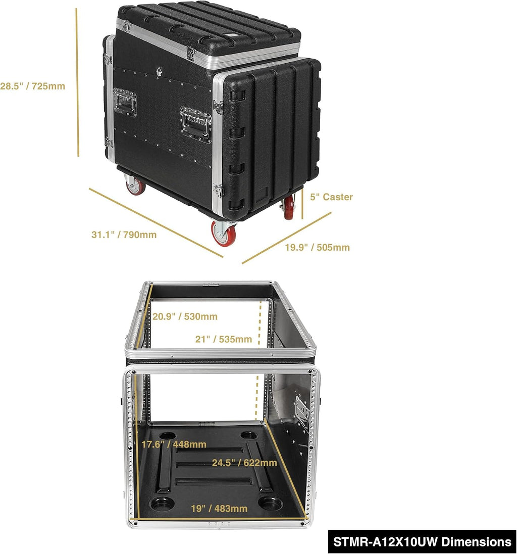 Sound Town Lightweight and Compact 10U ATA ABS Rack Case, with Slant Mixer Top, Casters, 24.5' Depth, 12U Top and 10U Side Spaces (STMR-A12X10UW)