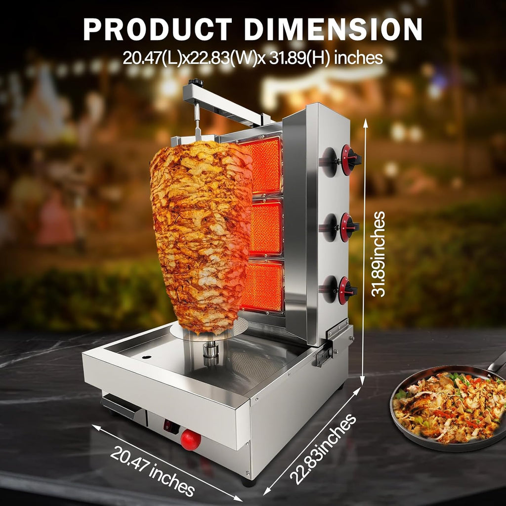 Shawarma Machine 3-Burner Propane Gas Commercial Rotating Vertical Rotisserie Grill Gyro Kebab Doner large restaurants