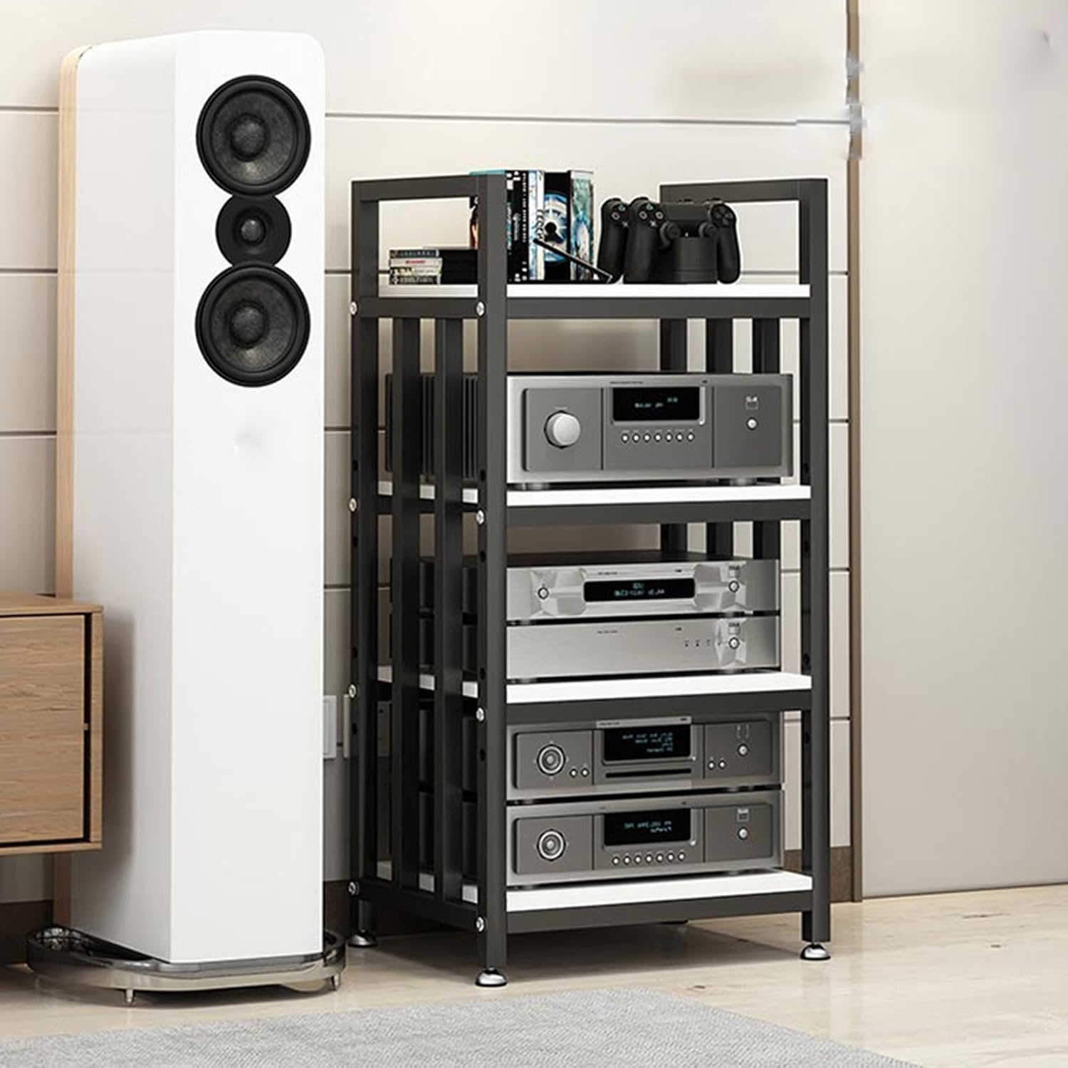4-Tier Storage DVD CD Player Stand, Wooden AV Media Cabinet, Stereo Rack for Home/Office/Theater, Amplifier & Audio Video Component Storage Solution