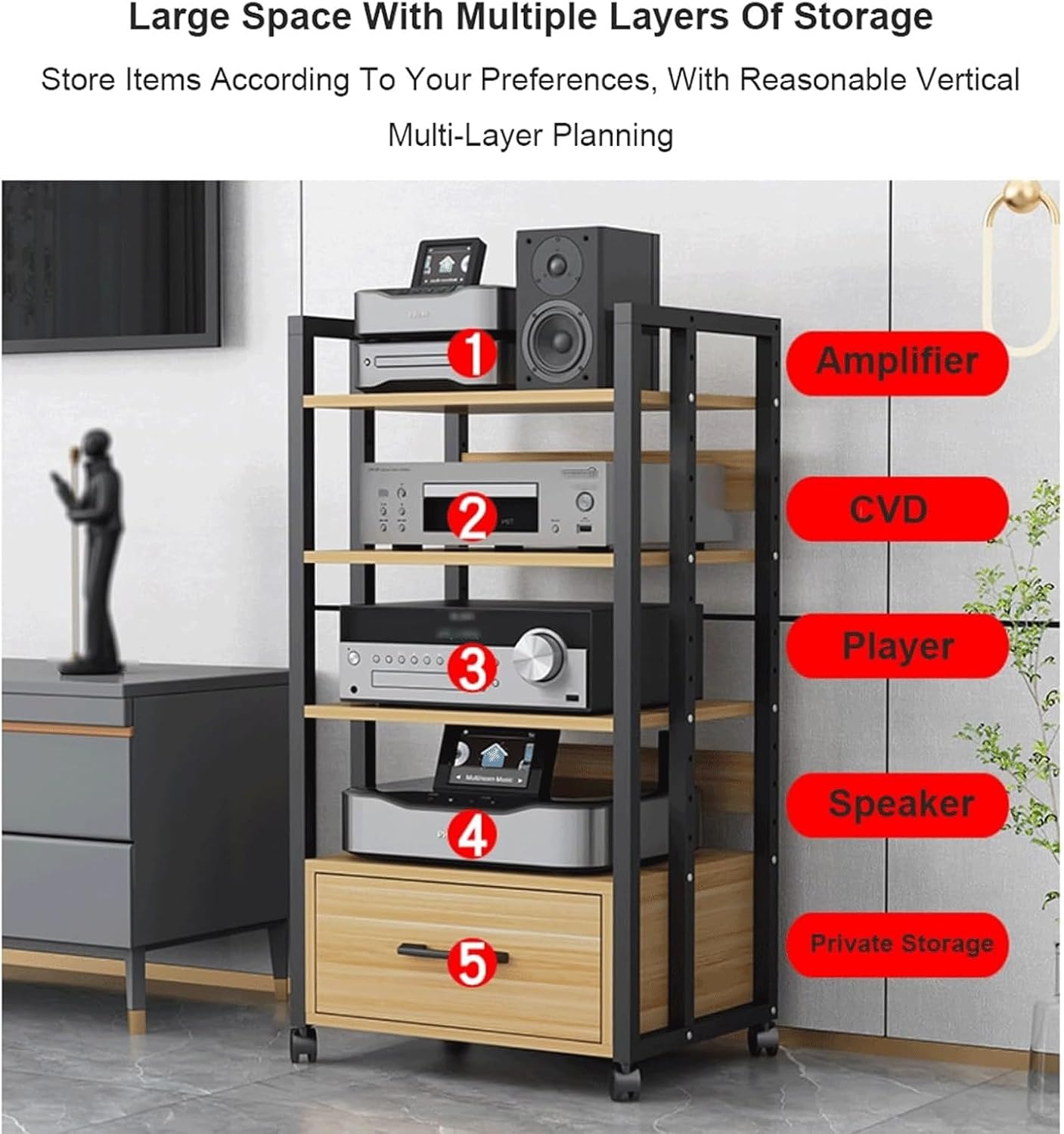 Audio Rack 2/3/4 Tier Stereo Rack Audio Equipment Rack Audio Open Rack Cabinet Wooden with Drawer AV Stand with Adjustable Shelves(Natural,79cm)
