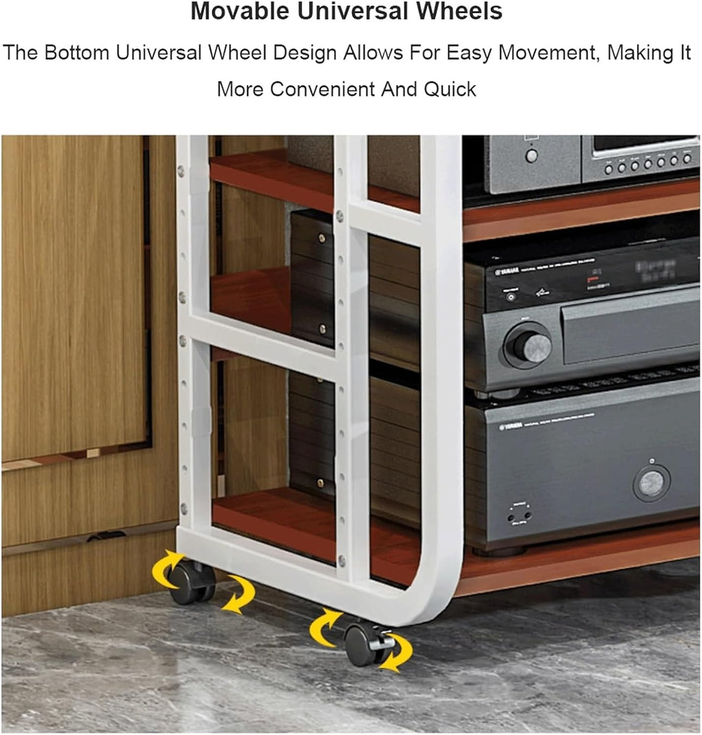Audio Rack Stereo Rack Adjustable Audio Equipment Rack Audio Open Rack Cabinet Wooden with Wheels HiFi Rack Audio-Video Shelving(Wei�,4 Tier)