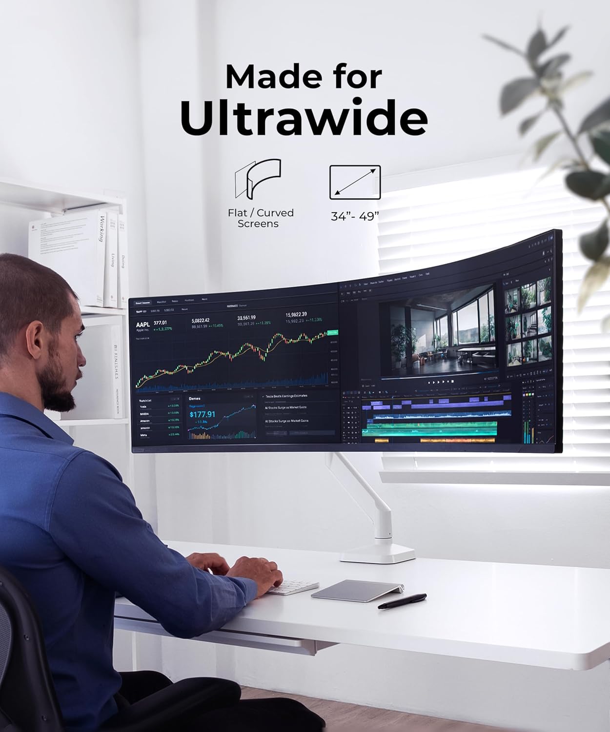 Modernsolid Heavy Duty Monitor Arm Desk Mount for 34-49 Inch Ultrawide Curved Monitors, Supports 14-38 lbs, Gas Spring Ergonomic Full Motion with Cable Management, Red Dot Design Awarded, White