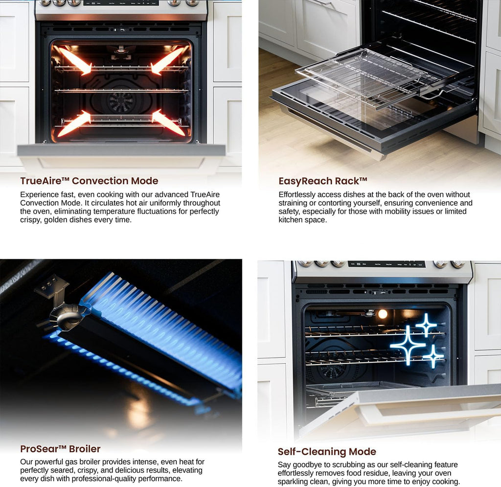 Rangaire RRG303GS 30' Glass Touch Gas Range Oven - Stainless Steel, Sealed Burners, True Convection, Self Cleaning, Easy Reach Racks